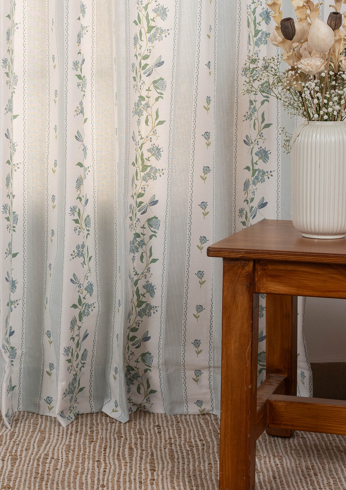 Flutter 100% cotton floral curtain for living room - Light Reduction - Nile Blue - Single Piece