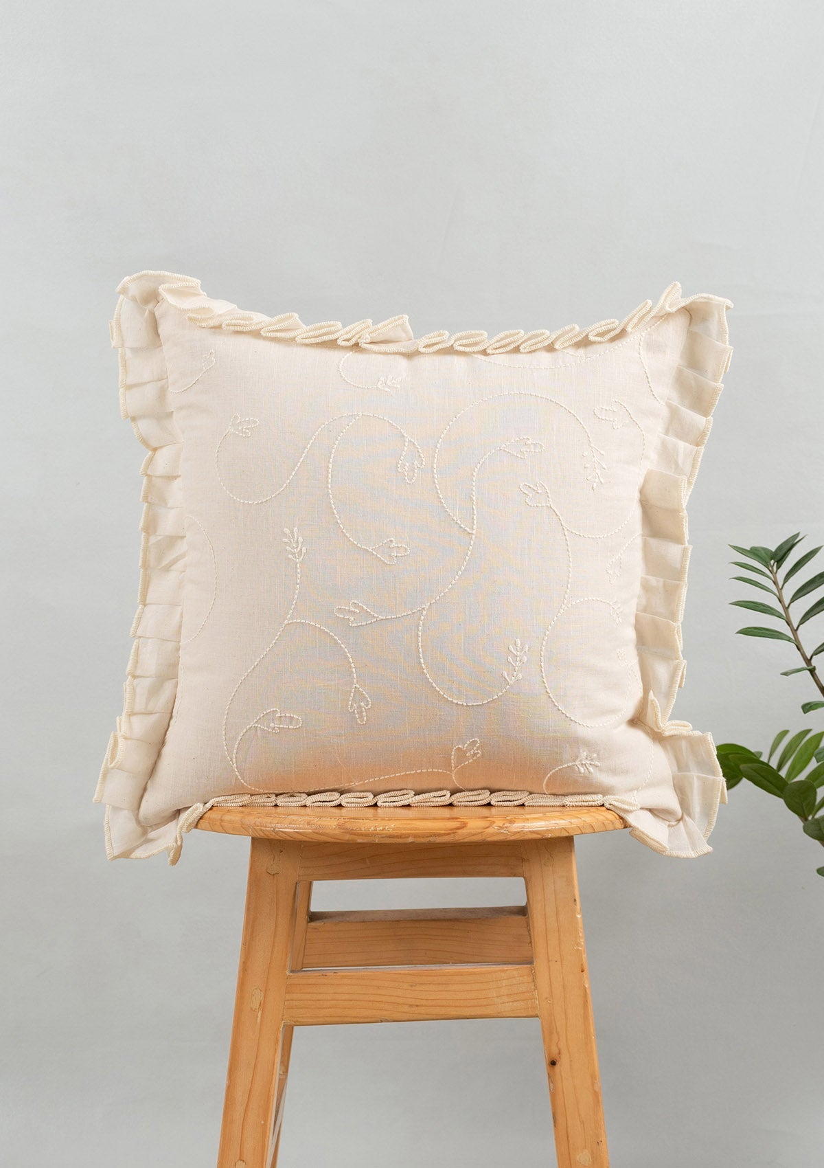 Stella Embroidered Flower Pattern & Medley Embroidered Minimal Design 100% Cotton Cushion Covers for Sofa - Herb Green & Cream - Pack of 2