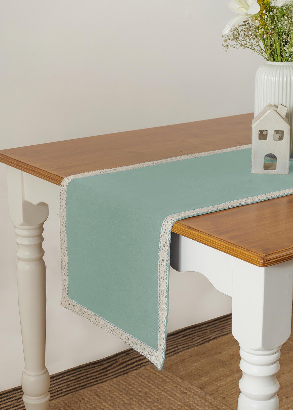 Solid Nile Blue 100% cotton plain table runner for 4 seater or 6 seater dining with lace boarder - Nile blue