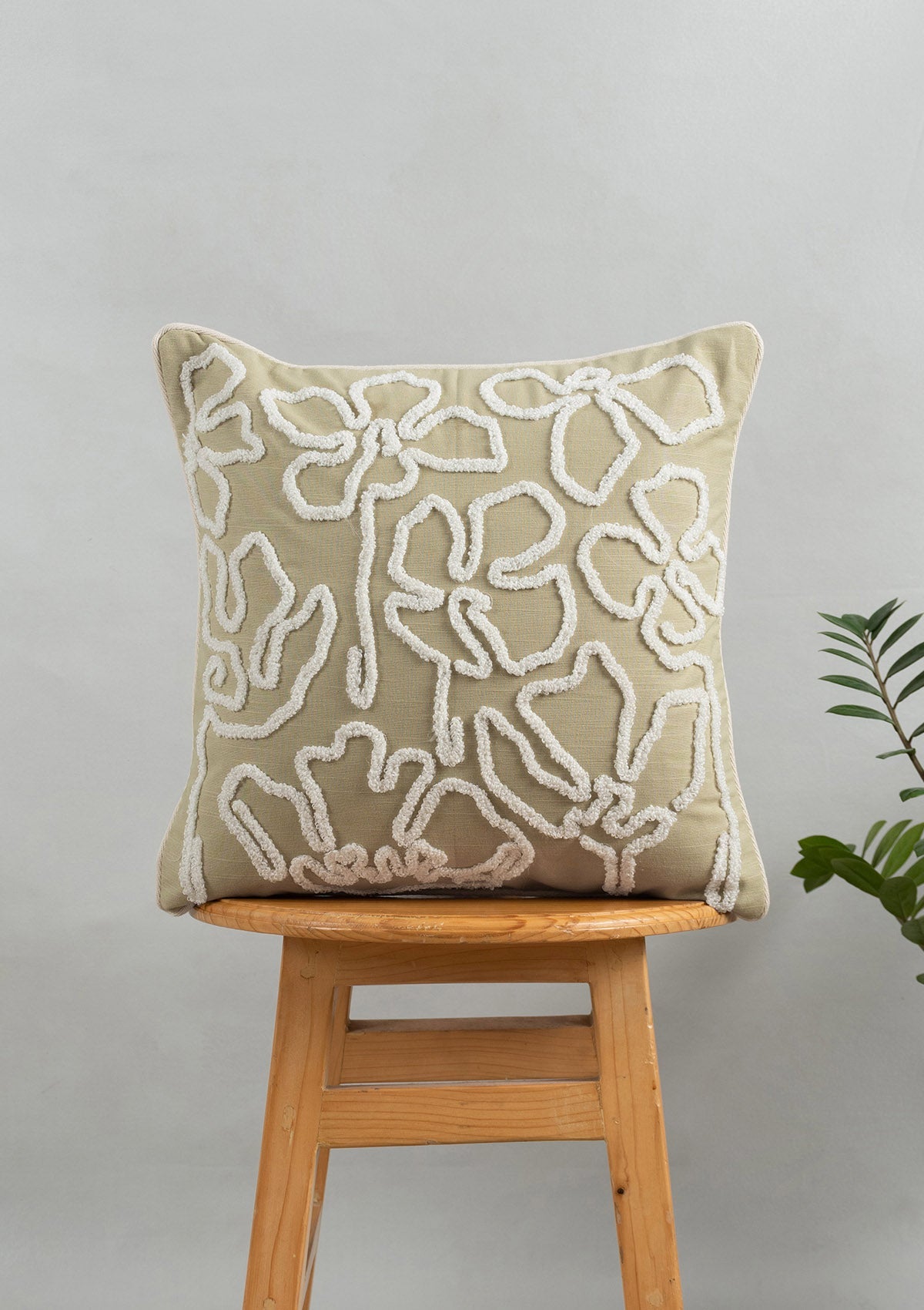 Stella Embroidered Flower Pattern & Medley Embroidered Minimal Design 100% Cotton Cushion Covers for Sofa - Herb Green & Cream - Pack of 2