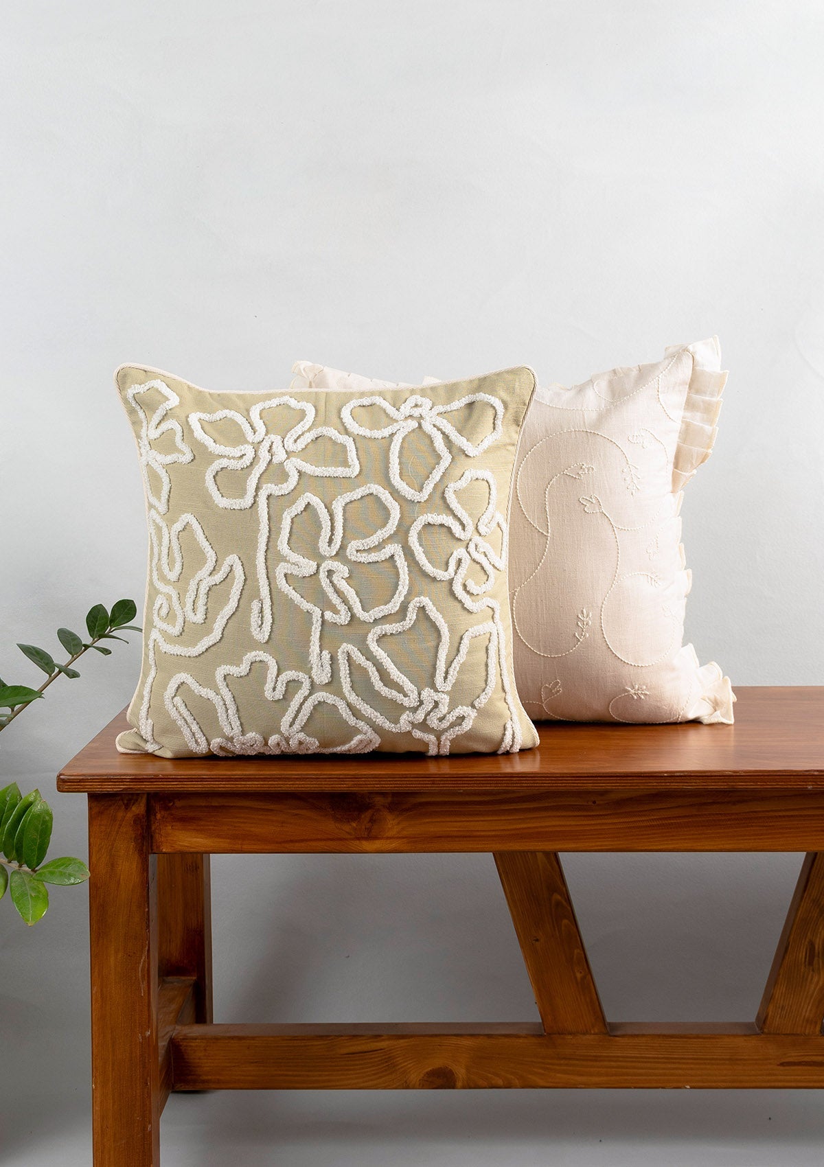 Stella Embroidered Flower Pattern & Medley Embroidered Minimal Design 100% Cotton Cushion Covers for Sofa - Herb Green & Cream - Pack of 2