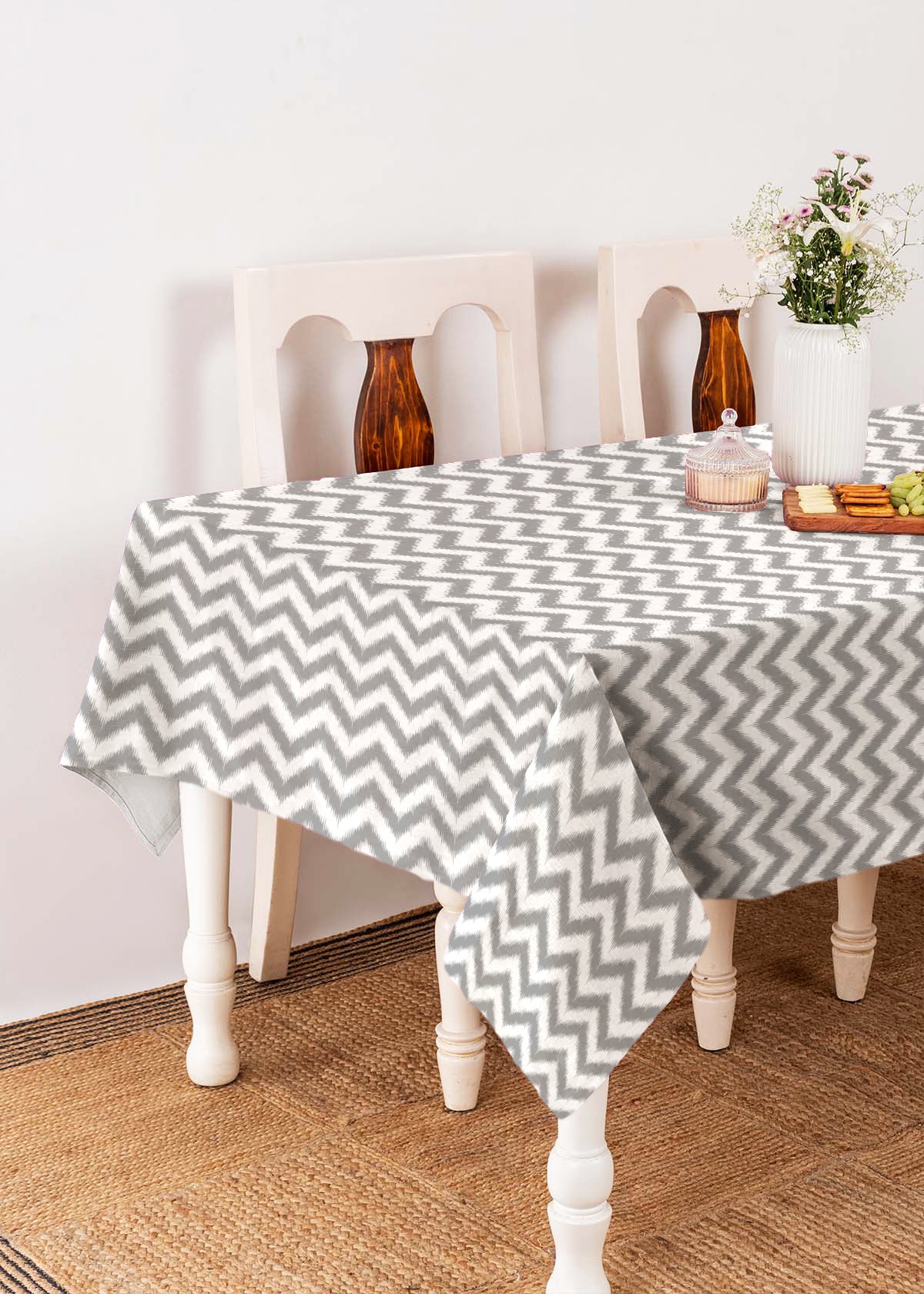 Ikat Chevron geometric prints 100% cotton table cloth for 4 seater, 6 seater, 8 seater for dining table - Grey, Nile Blue, Yellow