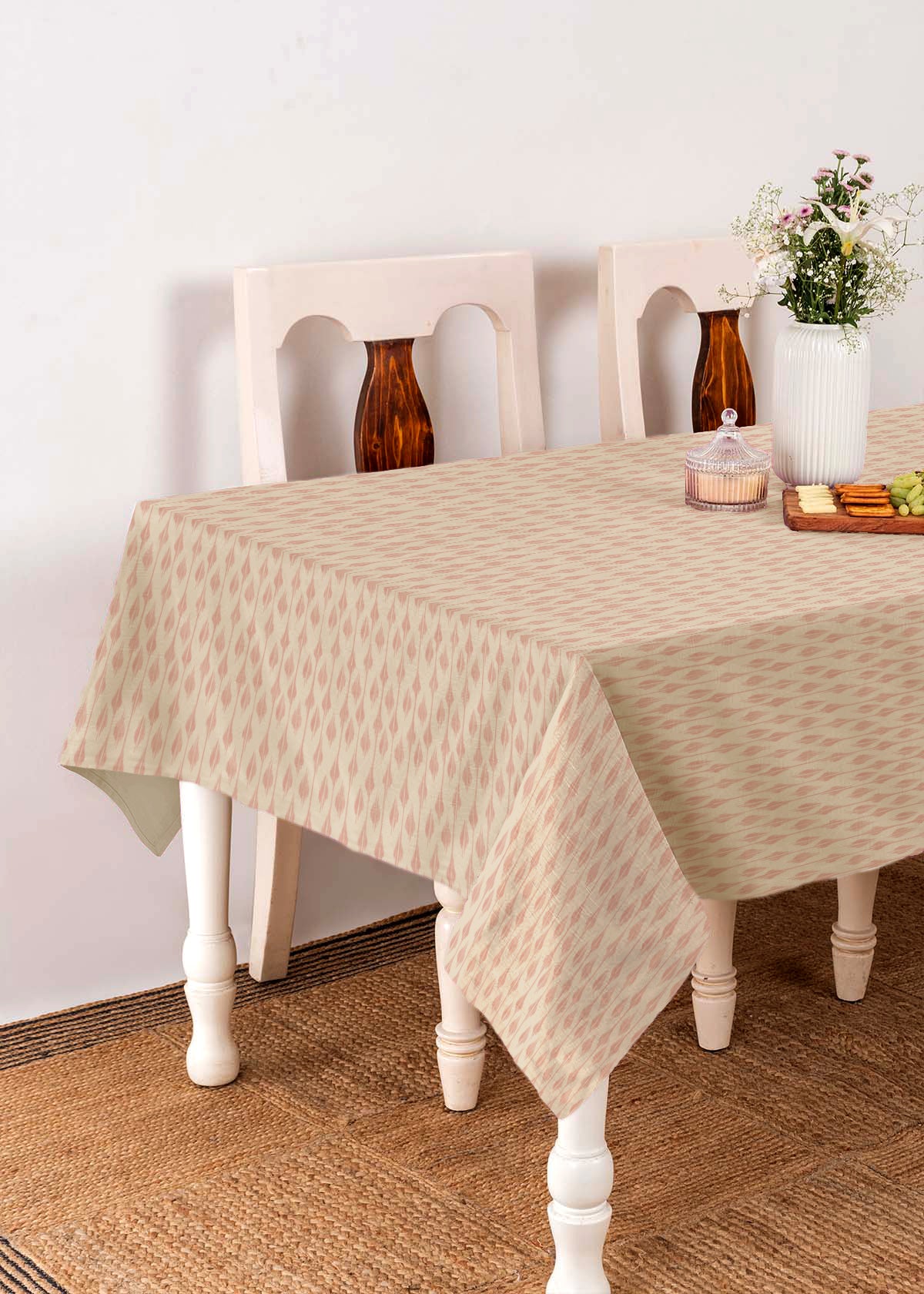 Chenab geometric Prints 100% cotton table cloth for 4 seater, 6 seater dining - Blush