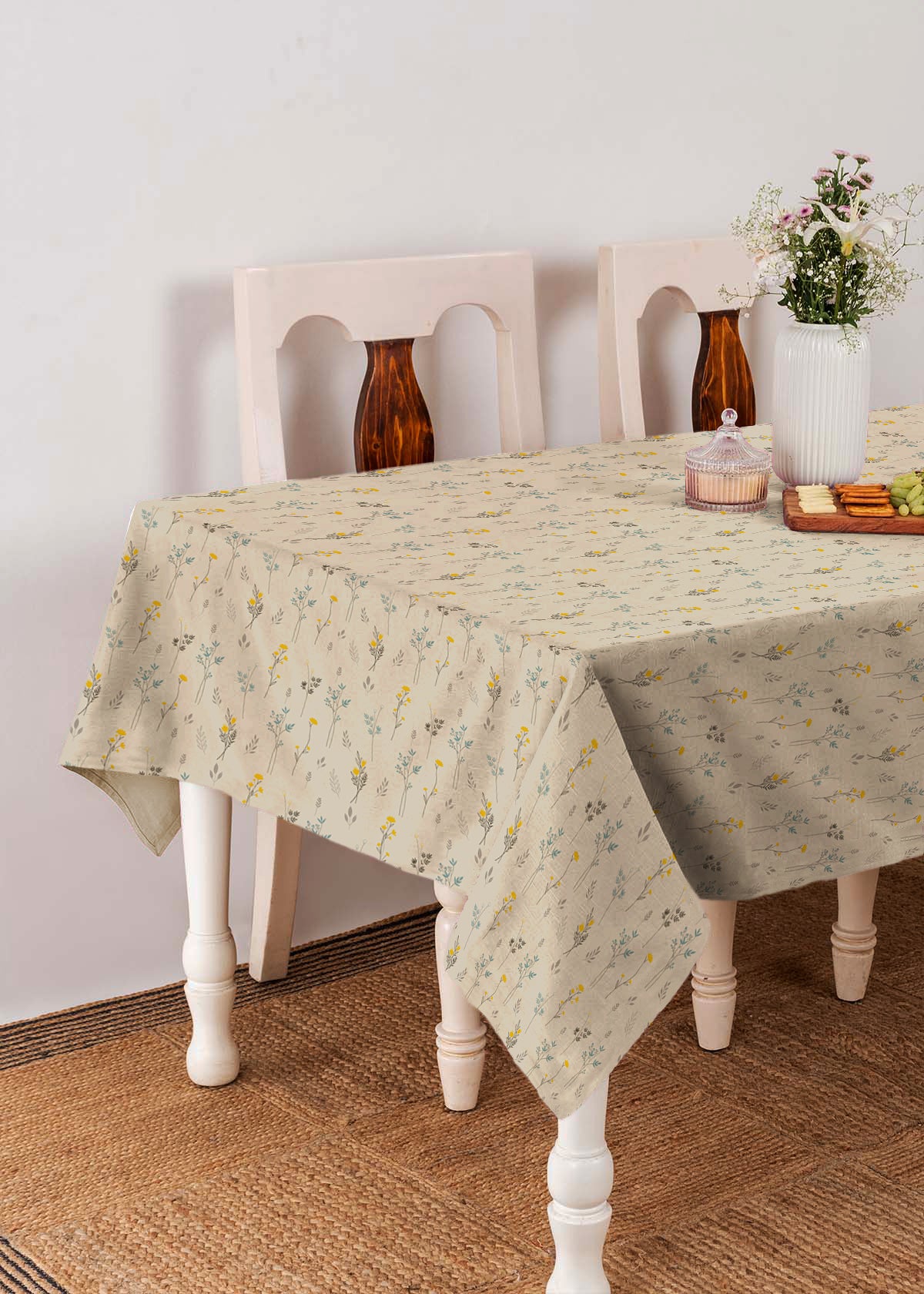 Blooming Meadows Neutral prints 100% cotton table cloth for 4 seater, 6 seater, 8 seater dining table - Beige