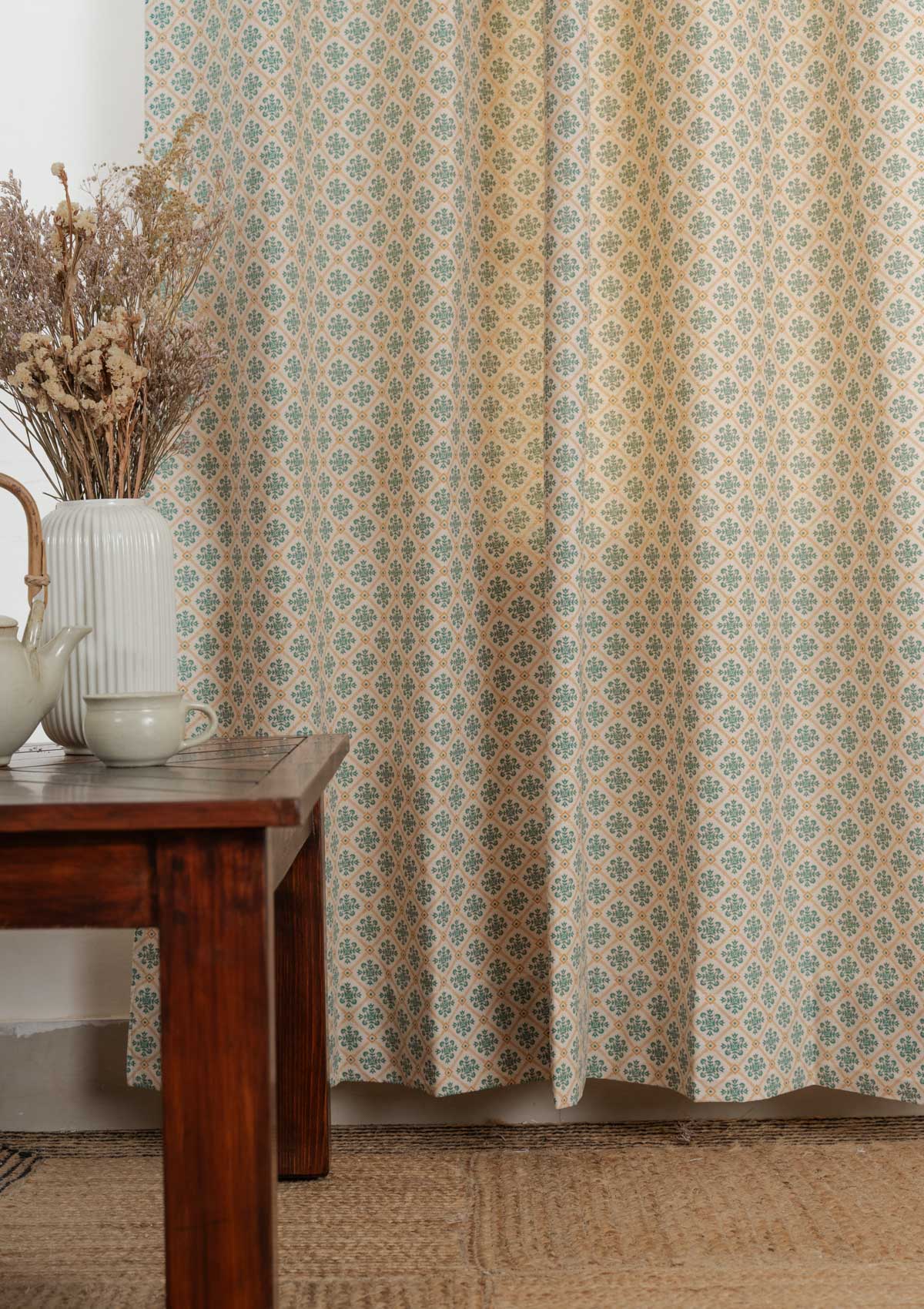 Yura geometric printed 100% cotton curtain for living room - Room darkening - Aqua blue - Single Panel
