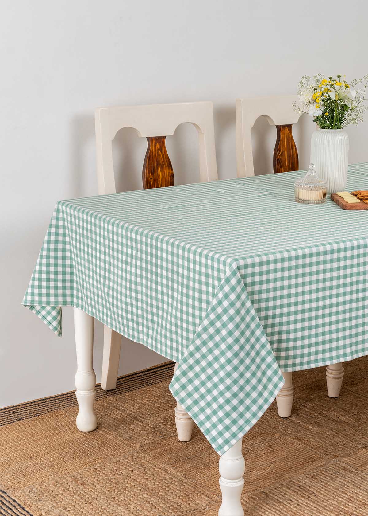 Gingham checks geometric prints 100% cotton table cloth for 4 seater, 6 seater, 8 seater for dining table- Sage Green