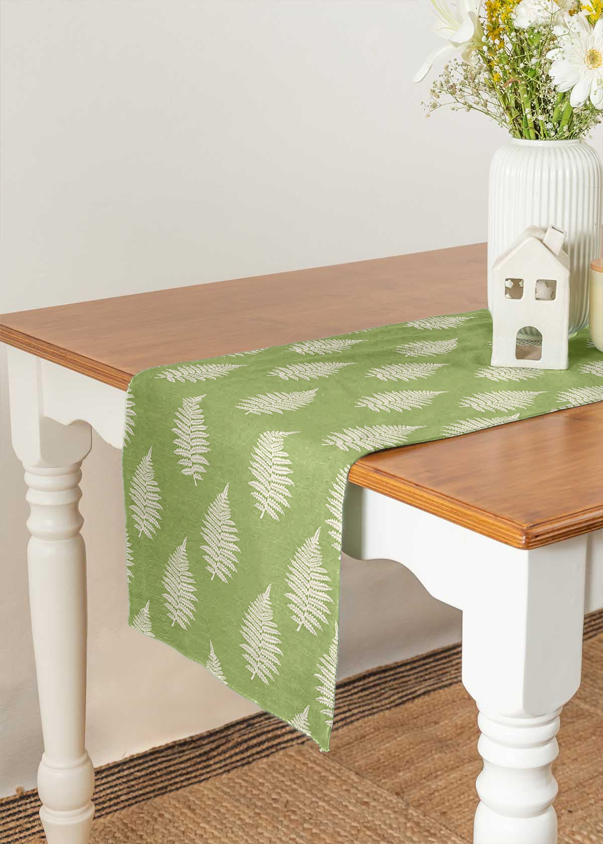 Ferns 100% cotton floral table runner for 4 seater or 6 seater Dining with tassels - Green