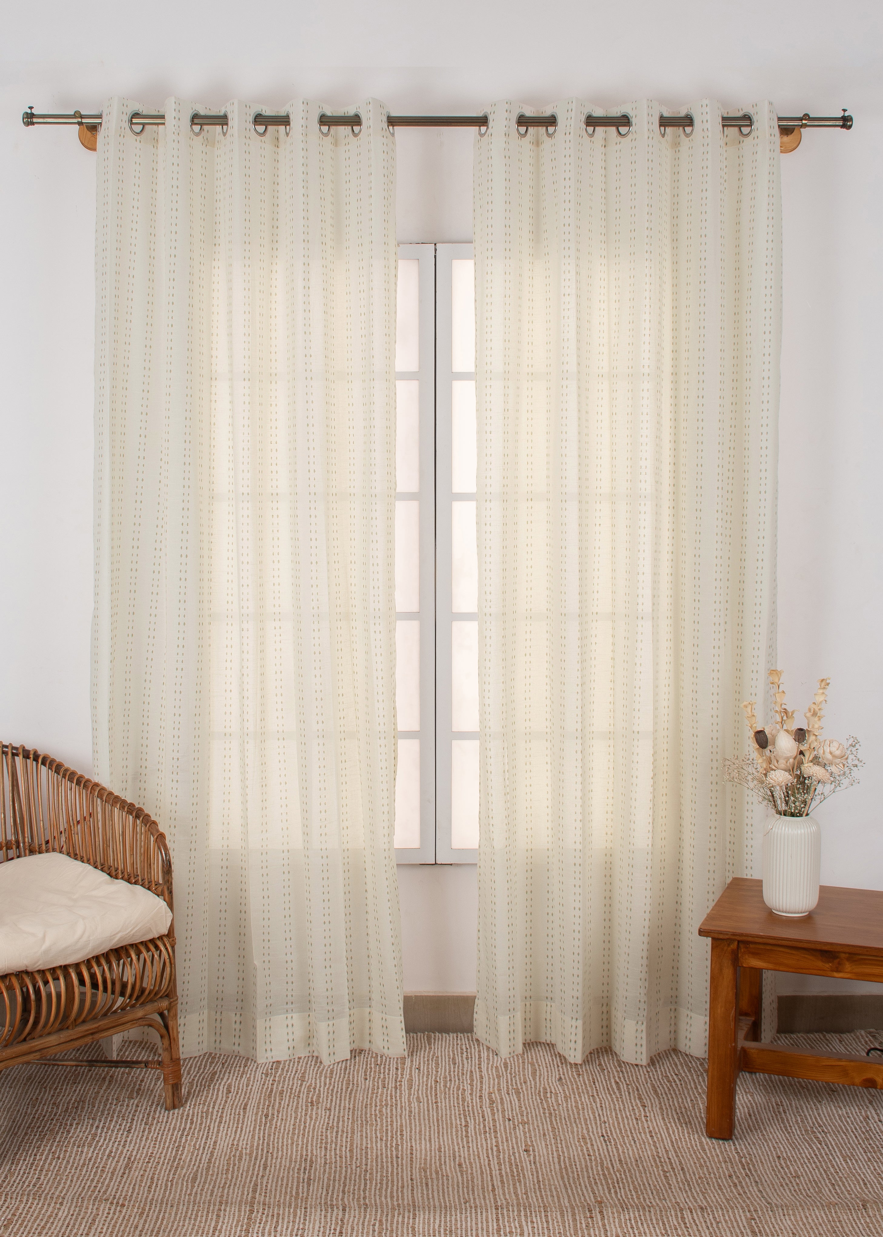 Dew minimal design 100% Cotton Sheer curtain for Living room & bedroom - Light filtering - Cream - Single Panel