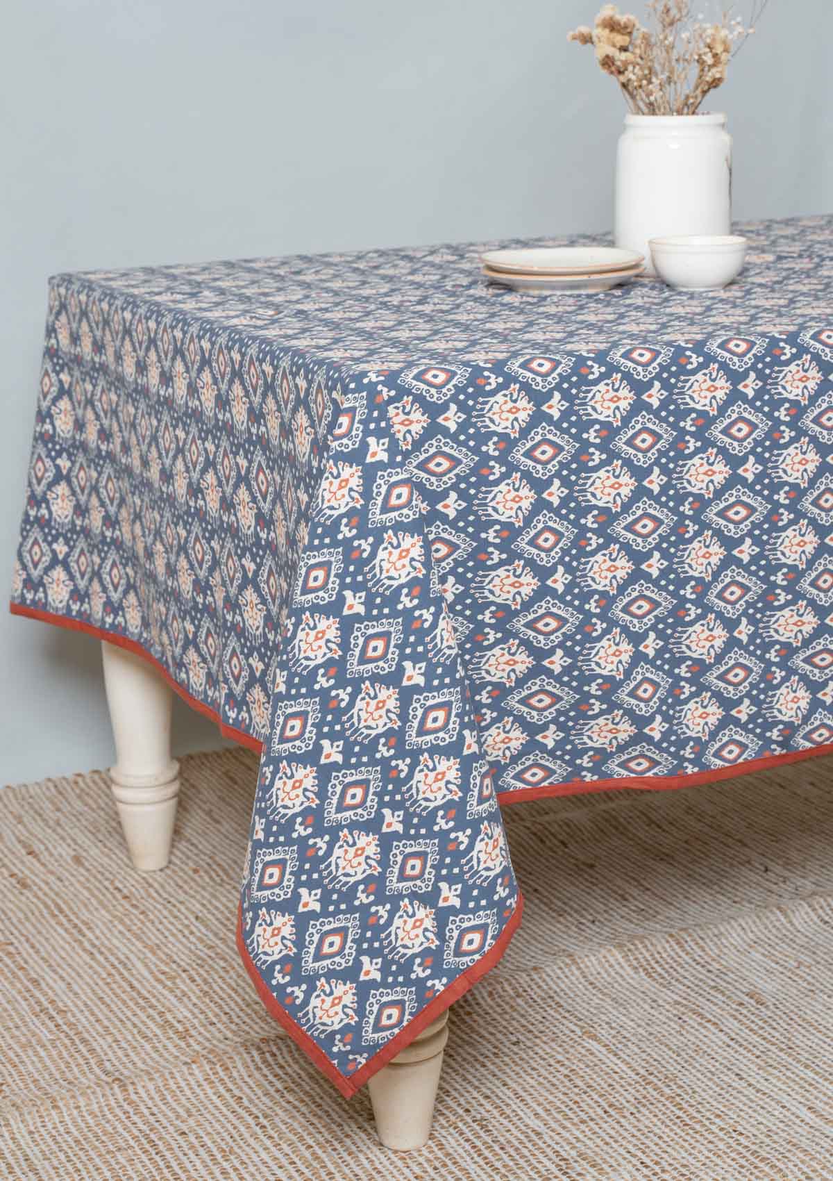 Durbar Ikat Geometric Printed 100% Cotton Table cloth for 4 seater, 6 seater and 8 seater dining - Royal blue and Brick Red