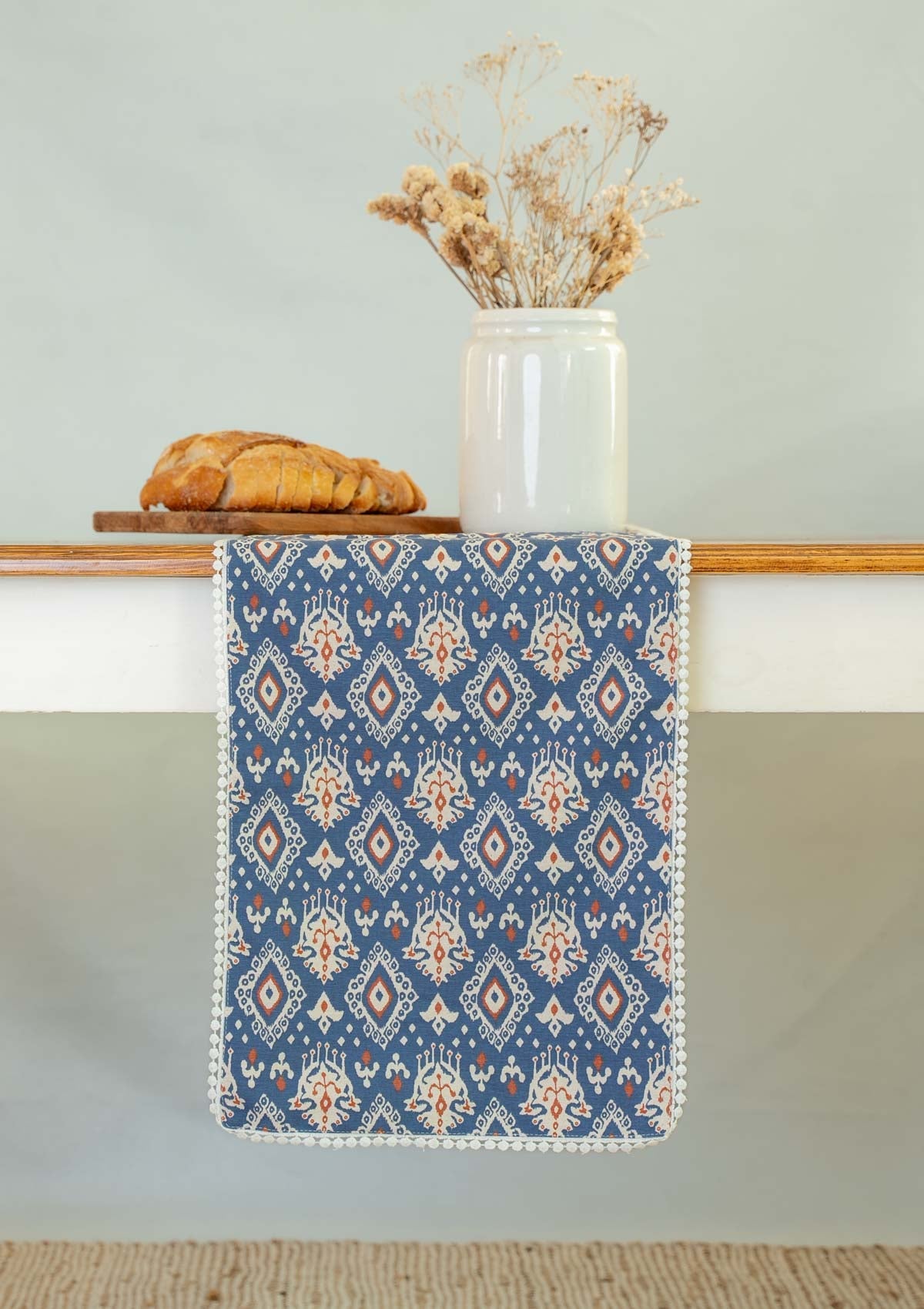 Durbar Ikat Geometric Printed 100% Cotton Table Runner with lace for 4 seater, 6 seater and 8 seater dining - Royal blue and Brick Red