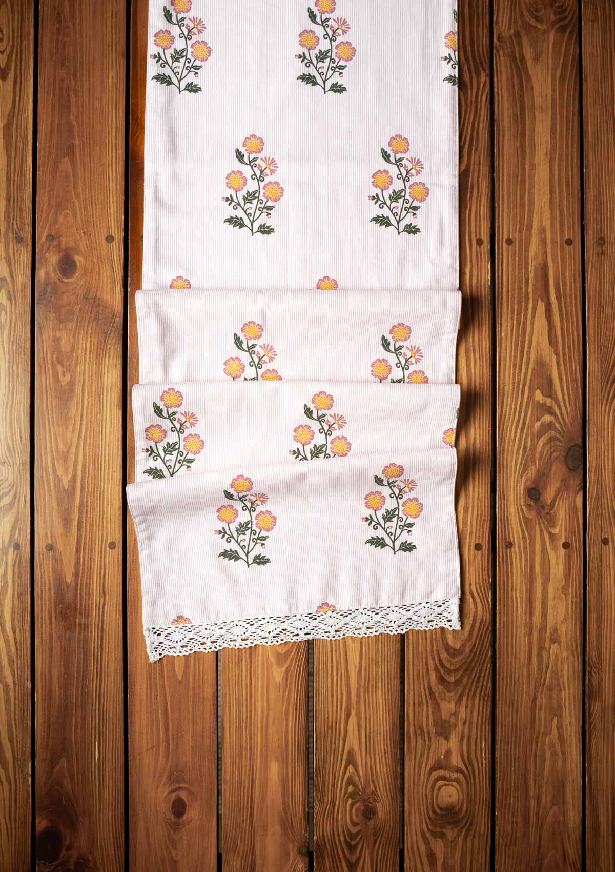 Parijatha Floral printed 100% Cotton Table Runner with white Lace for 4 seater, 6 seater and 8 seater dining - Rust and Mustard