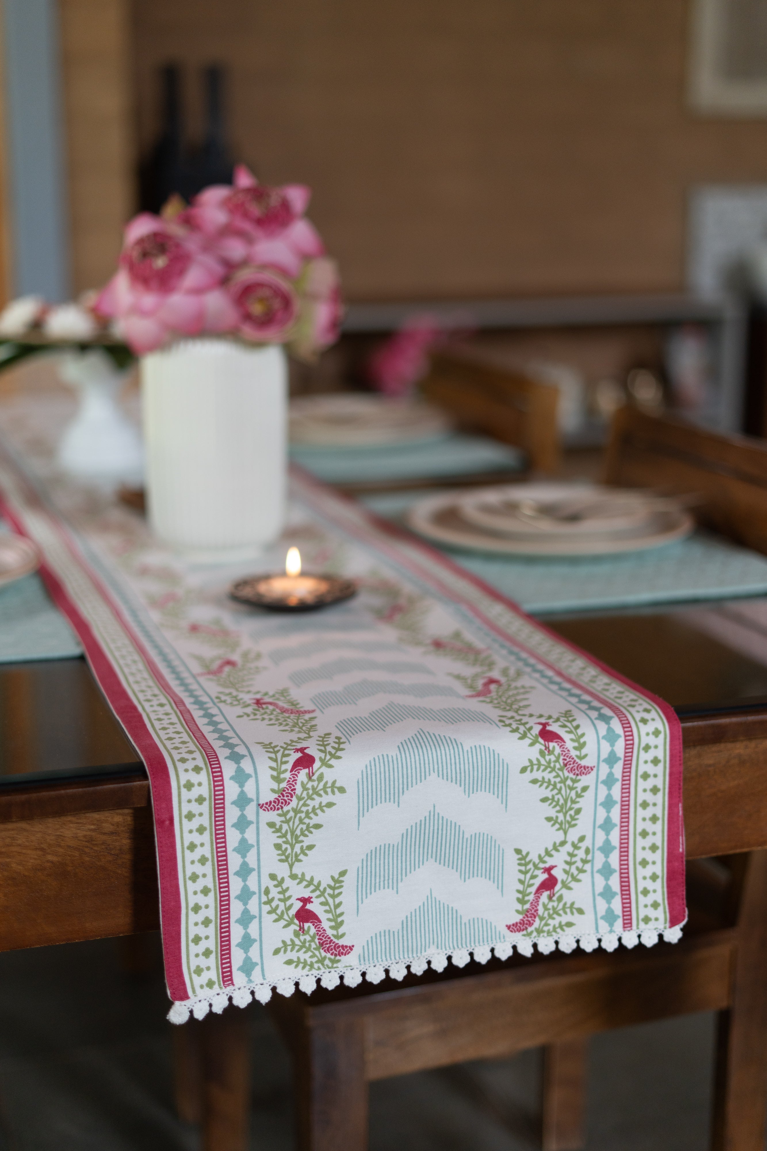 Mor 100% Cotton Table Runner with white Lace for 4 seater and 6 seater dining - Multicolor