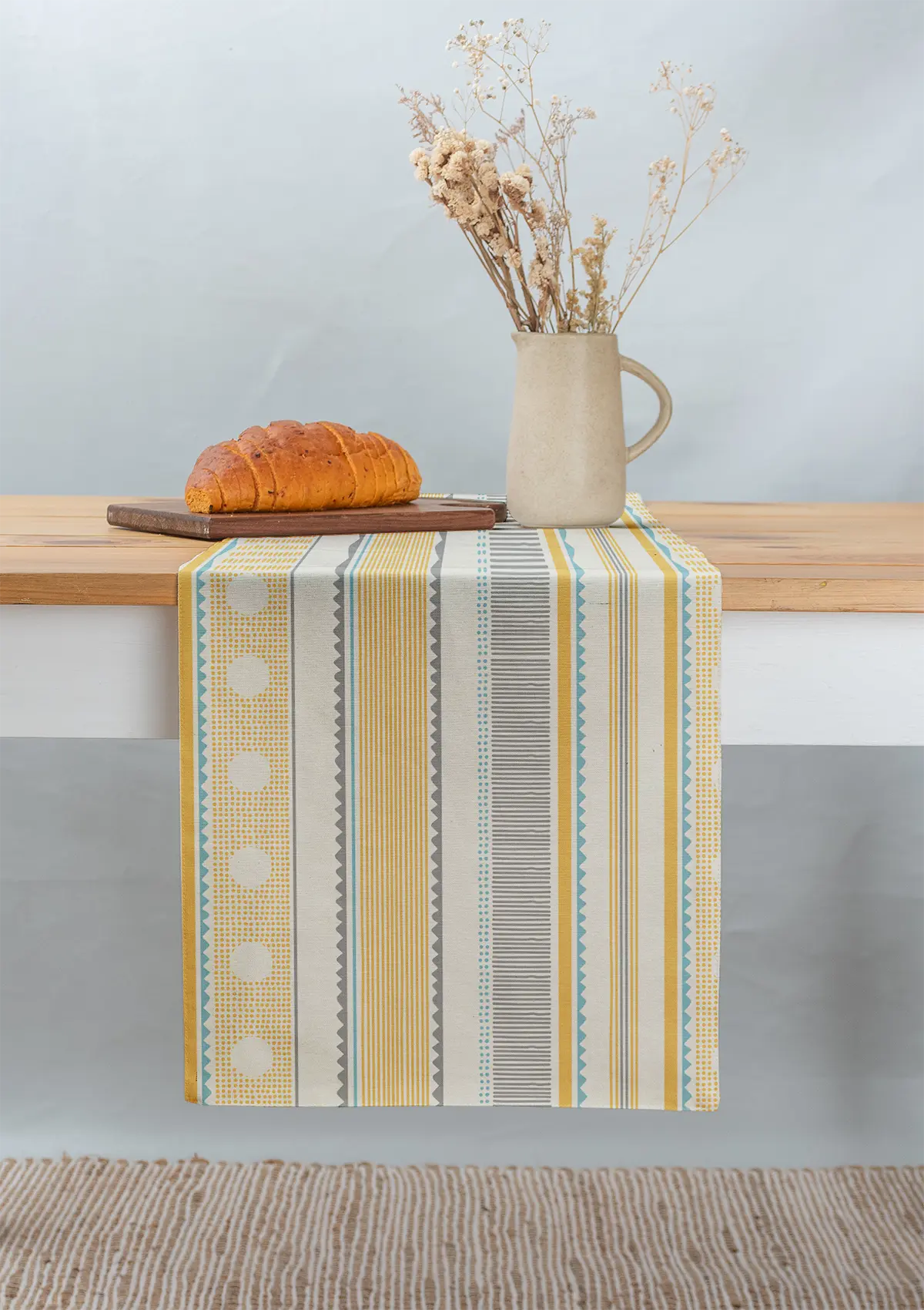 Buru 100% cotton boho table runner for 4 seater or 6 seater dining - Mustard