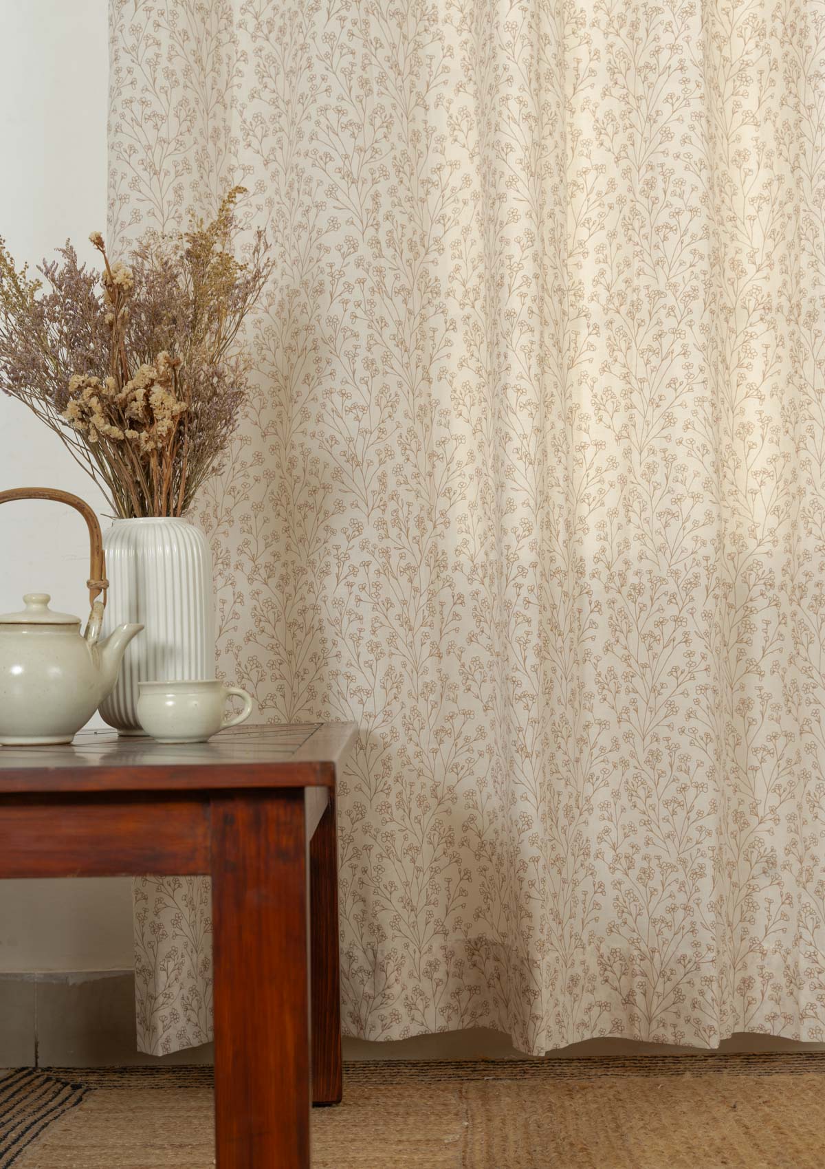 Canopy floral prints 100% cotton sheer curtain for living room - Light filtering - Brown - Single - Pack of 1