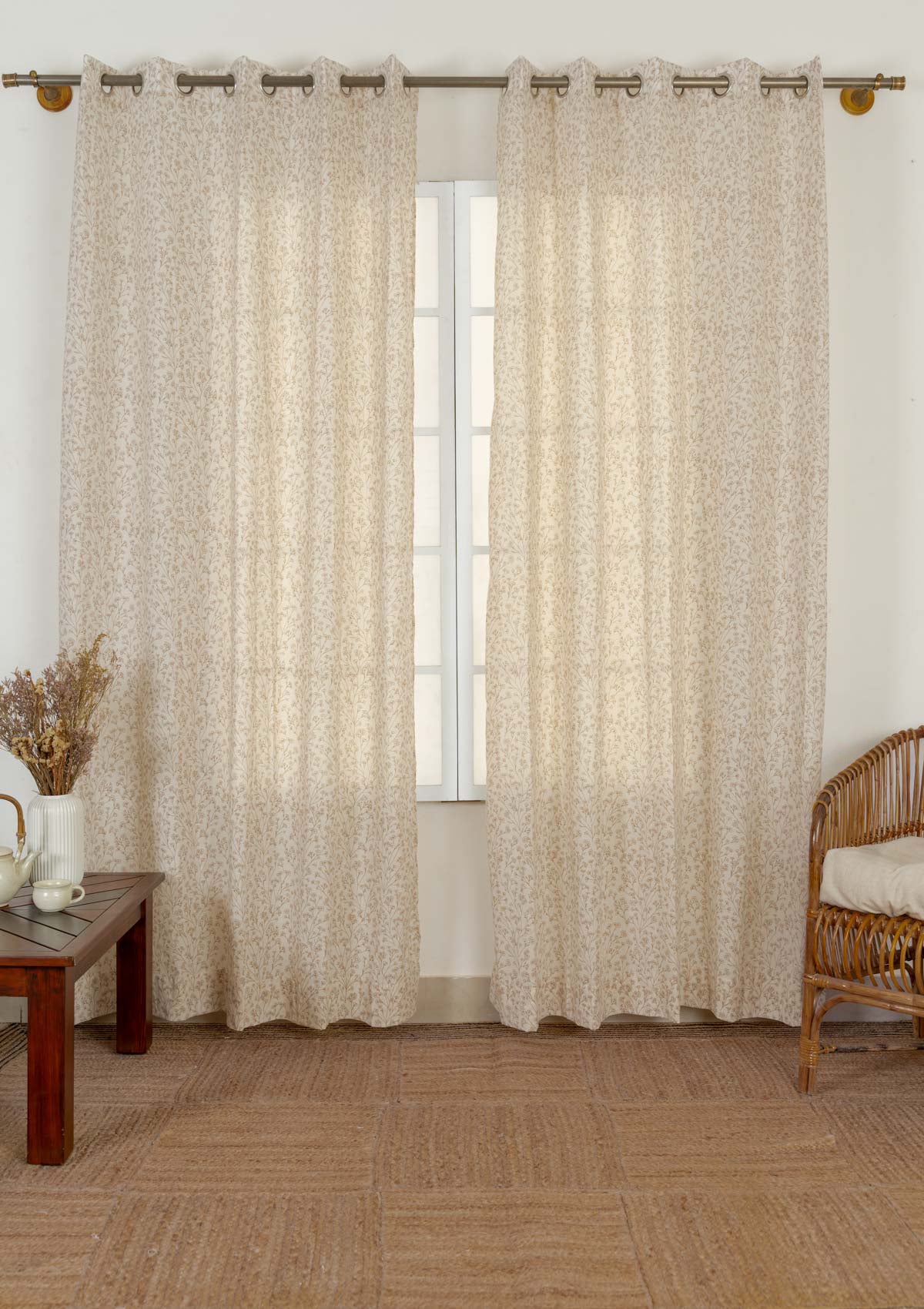 Canopy floral prints 100% cotton sheer curtain for living room - Light filtering - Brown - Single - Pack of 1