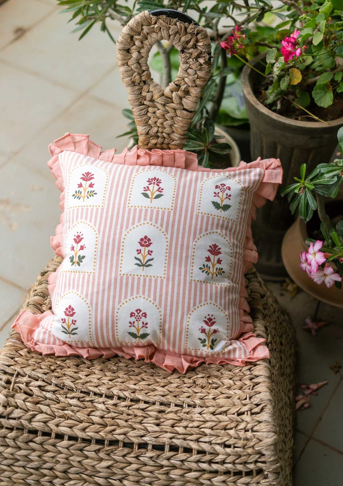 Courtyard Geometric Floral 100% Cotton Cushion Cover for Sofa - Blush Pink