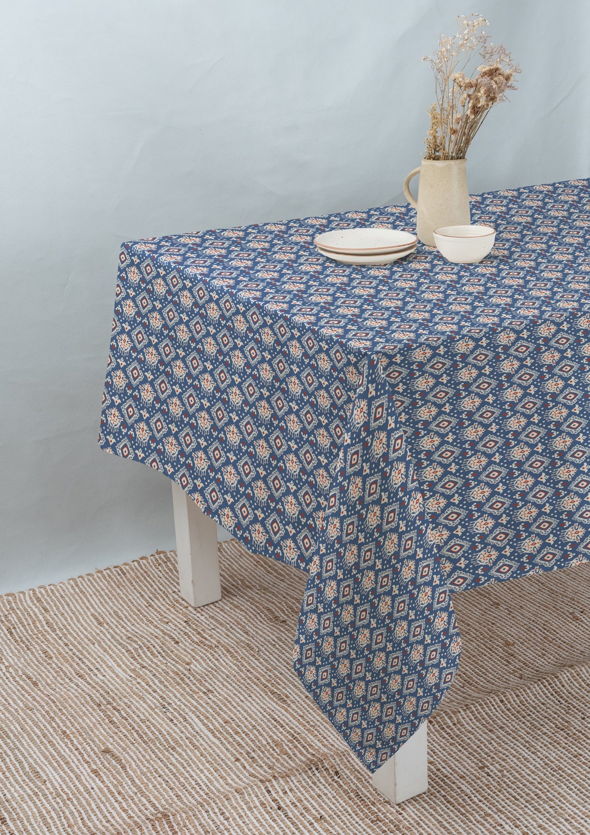 Durbar Ikat Geometric Printed 100% Cotton Table cloth for 4 seater, 6 seater and 8 seater dining - Royal blue and Brick Red