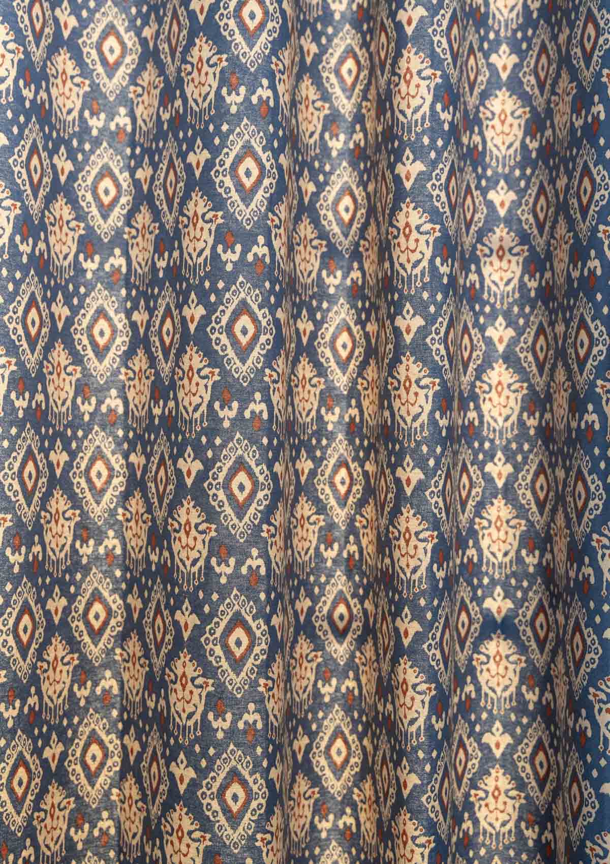 Durbar Ikat Geometric Printed 100% Cotton Curtain for Living Room and Bedroom - Room Darkening - Royal blue and Brick Red