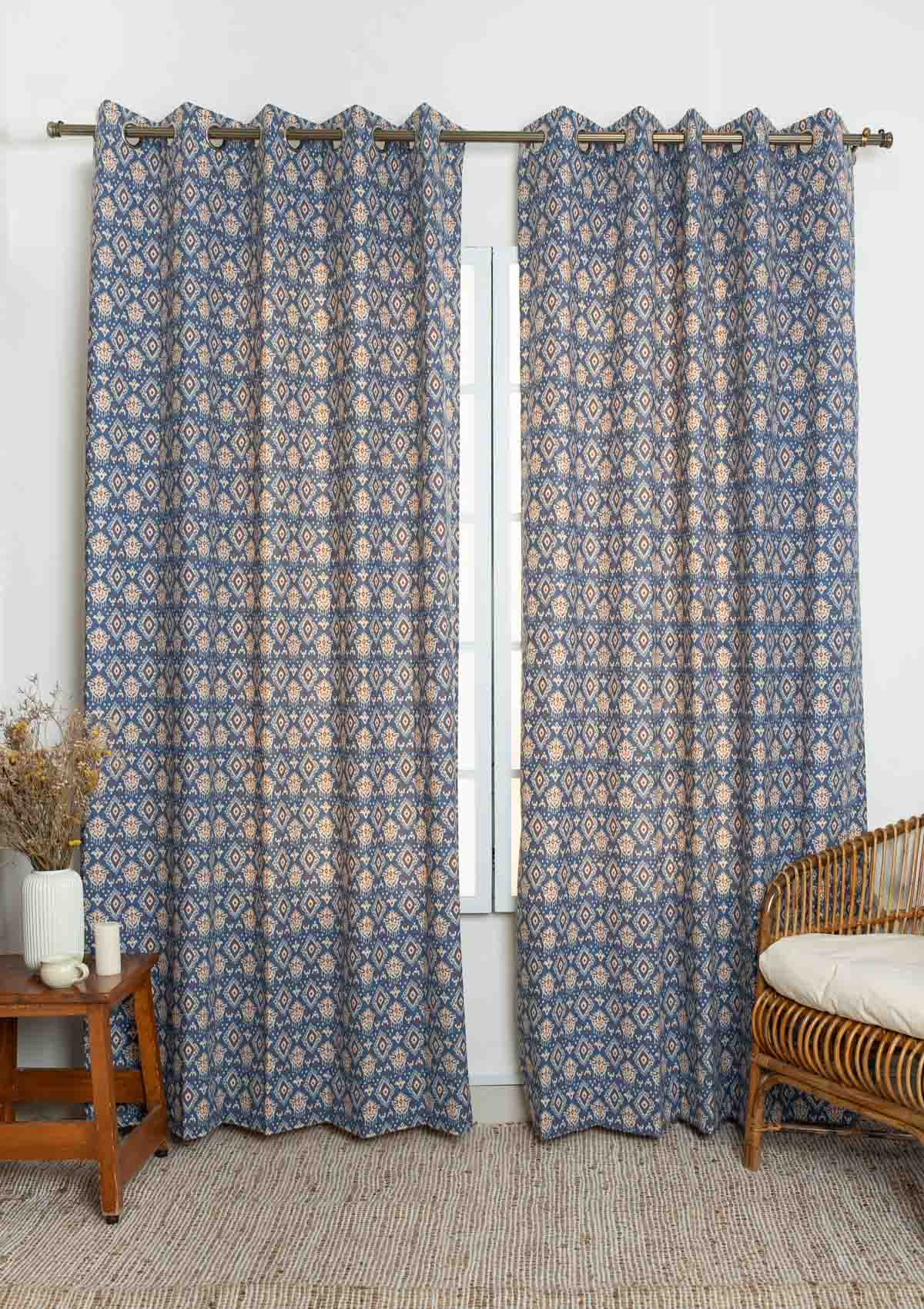 Durbar Ikat Geometric Printed 100% Cotton Curtain for Living Room and Bedroom - Room Darkening - Royal blue and Brick Red