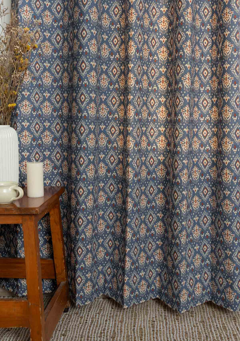 Durbar Ikat Geometric Printed 100% Cotton Curtain for Living Room and Bedroom - Room Darkening - Royal blue and Brick Red