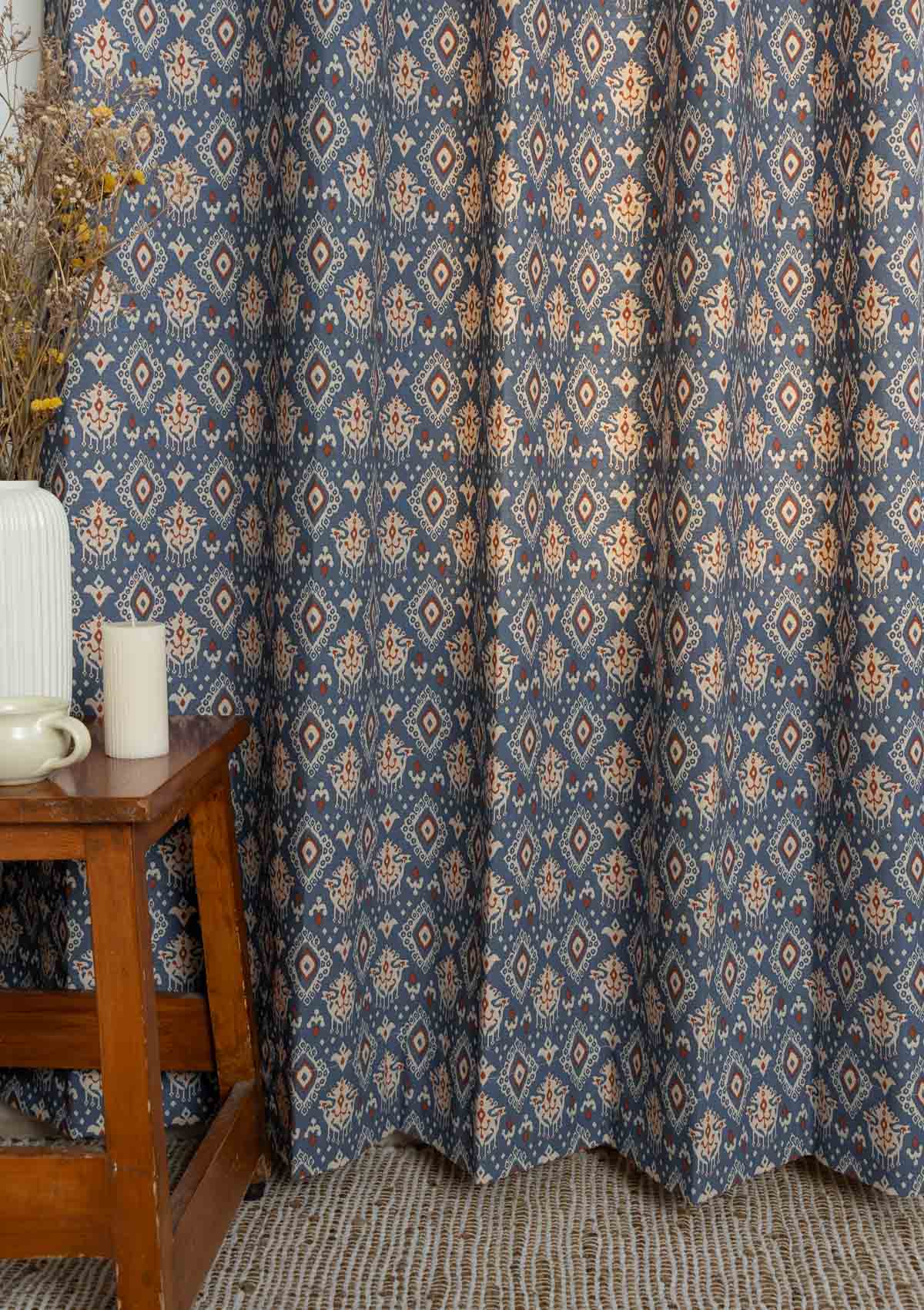 Durbar Ikat Geometric Printed 100% Cotton Curtain for Living Room and Bedroom - Room Darkening - Royal blue and Brick Red
