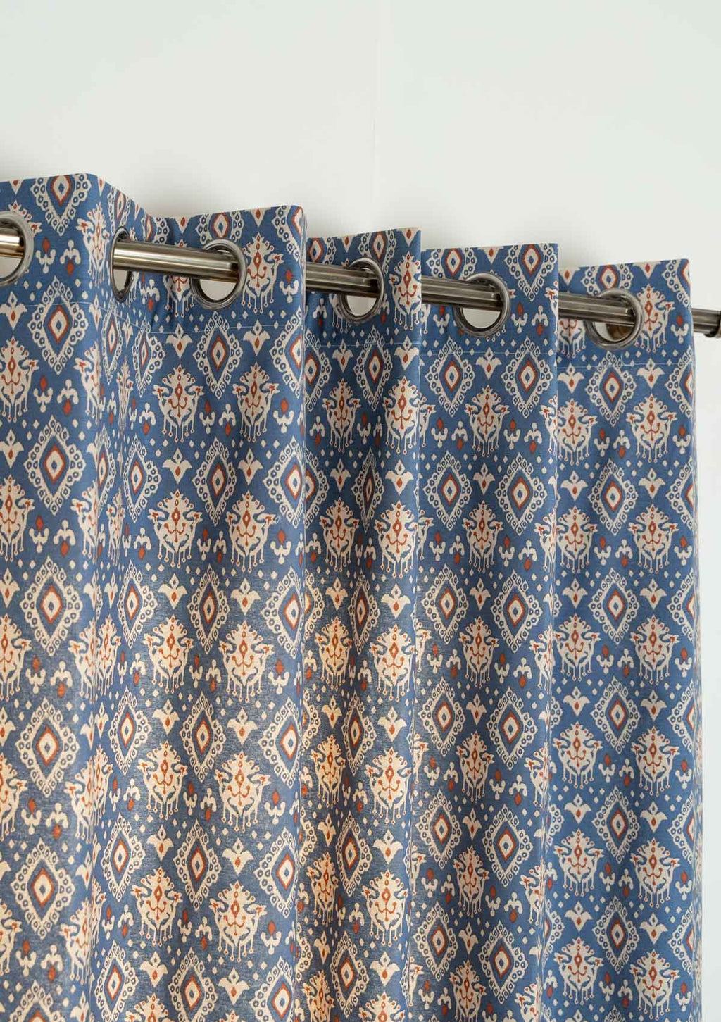 Durbar Ikat Geometric Printed 100% Cotton Curtain for Living Room and Bedroom - Room Darkening - Royal blue and Brick Red
