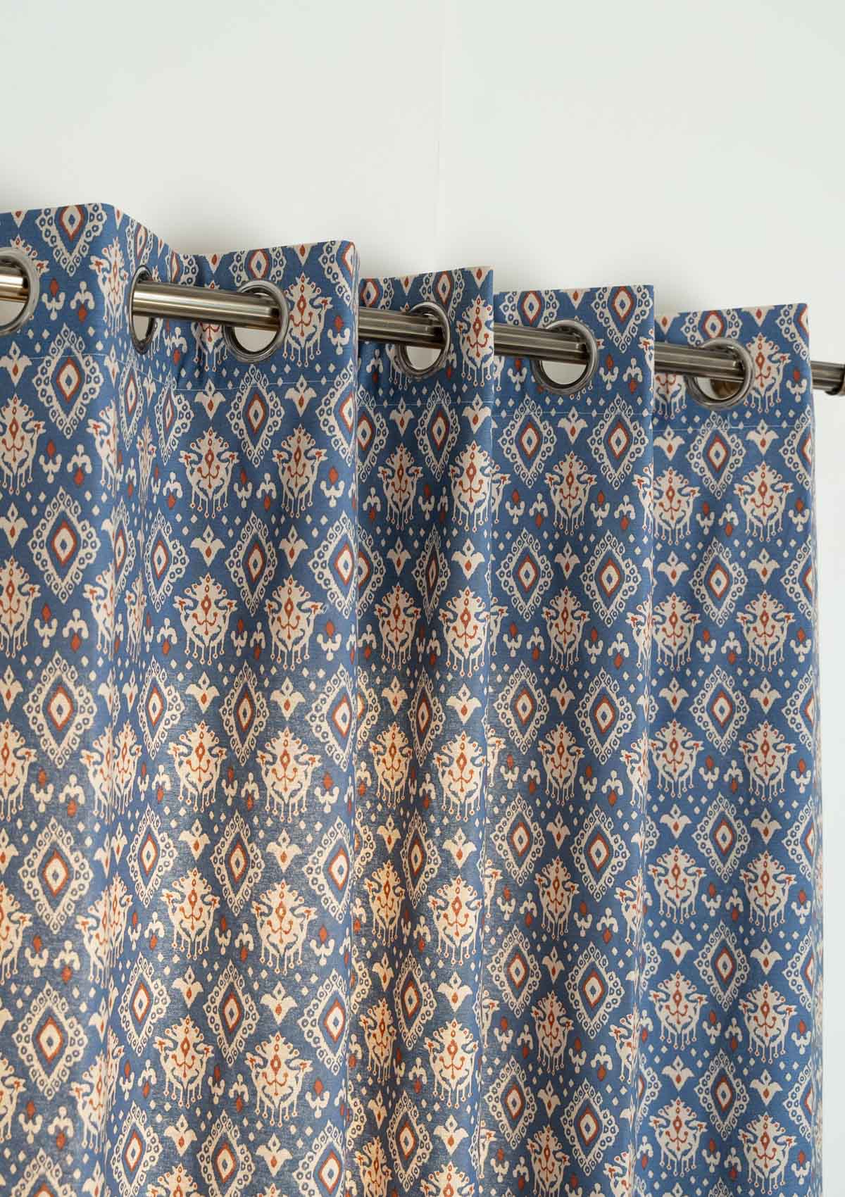 Durbar Ikat Geometric Printed 100% Cotton Curtain for Living Room and Bedroom - Room Darkening - Royal blue and Brick Red