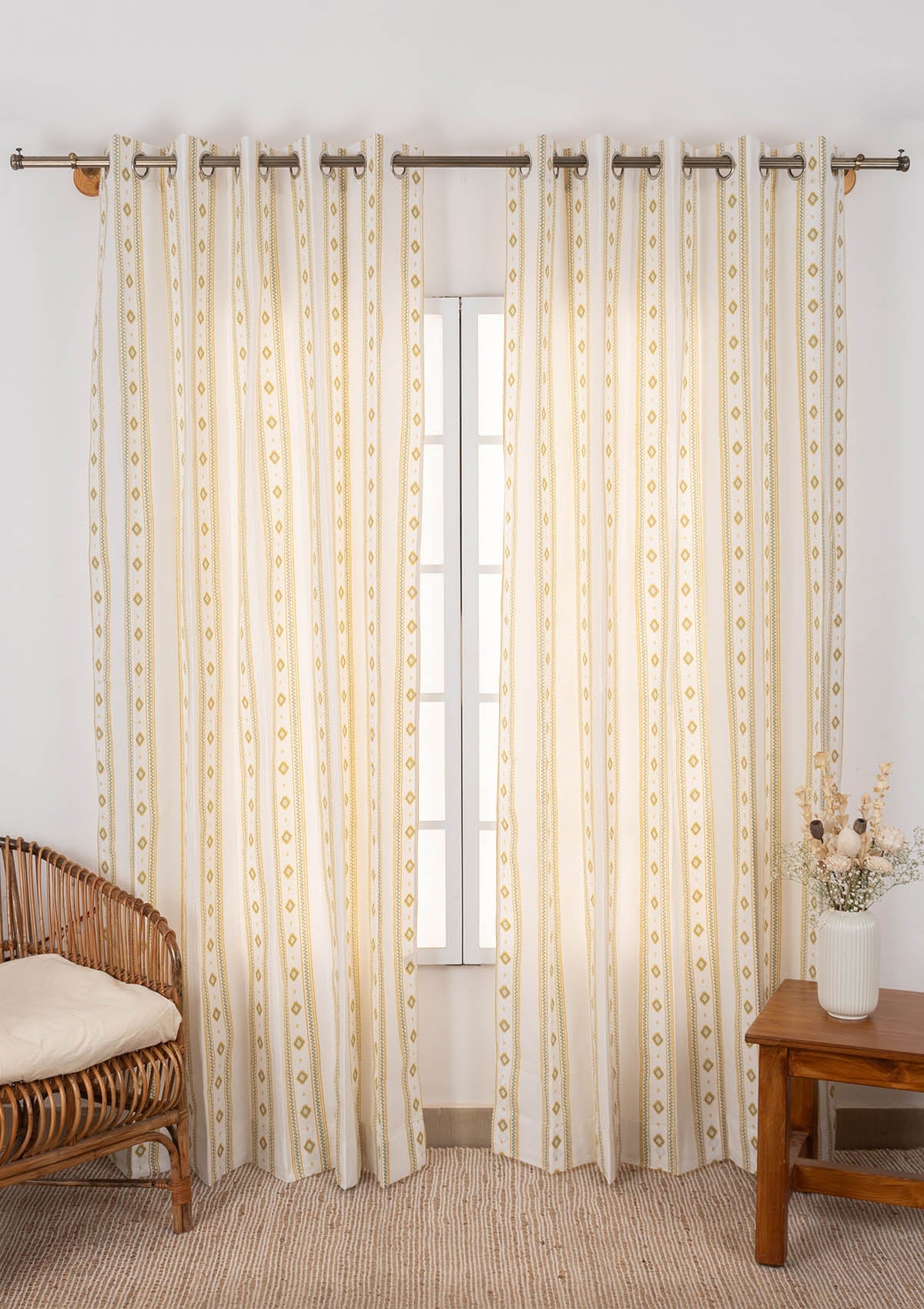 Echo 100% cotton Contemporary Geometric Print curtain for Living Room and Bedroom- Room darkening - Yellow - Single Piece