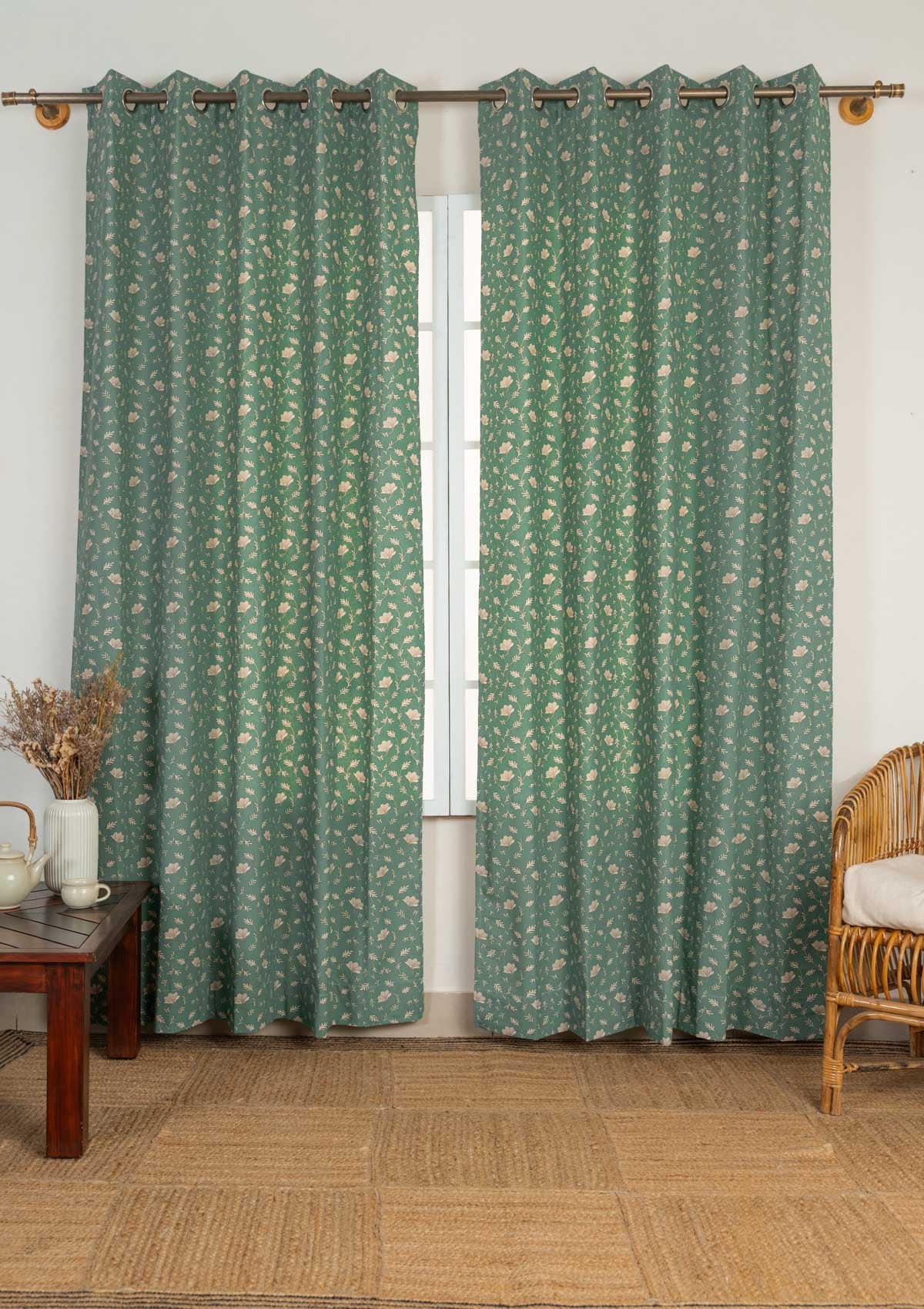 Eden floral prints 100% cotton curtain for Living room and Bed room - Room darkening - Aqua Blue, Mustard - Single Panel