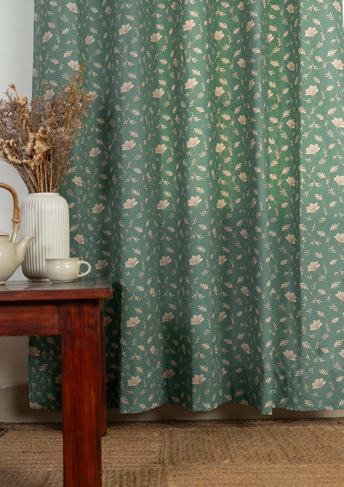 Eden floral prints 100% cotton curtain for Living room and Bed room - Room darkening - Aqua Blue, Mustard - Single Panel