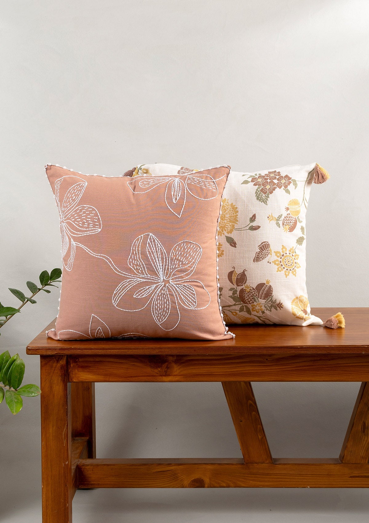 Embrose Embroidered Floral Design Rust & Waltz Printed Floral Pattern Multicolor 100% Cotton Cushion Covers for Sofa - Pack of 2