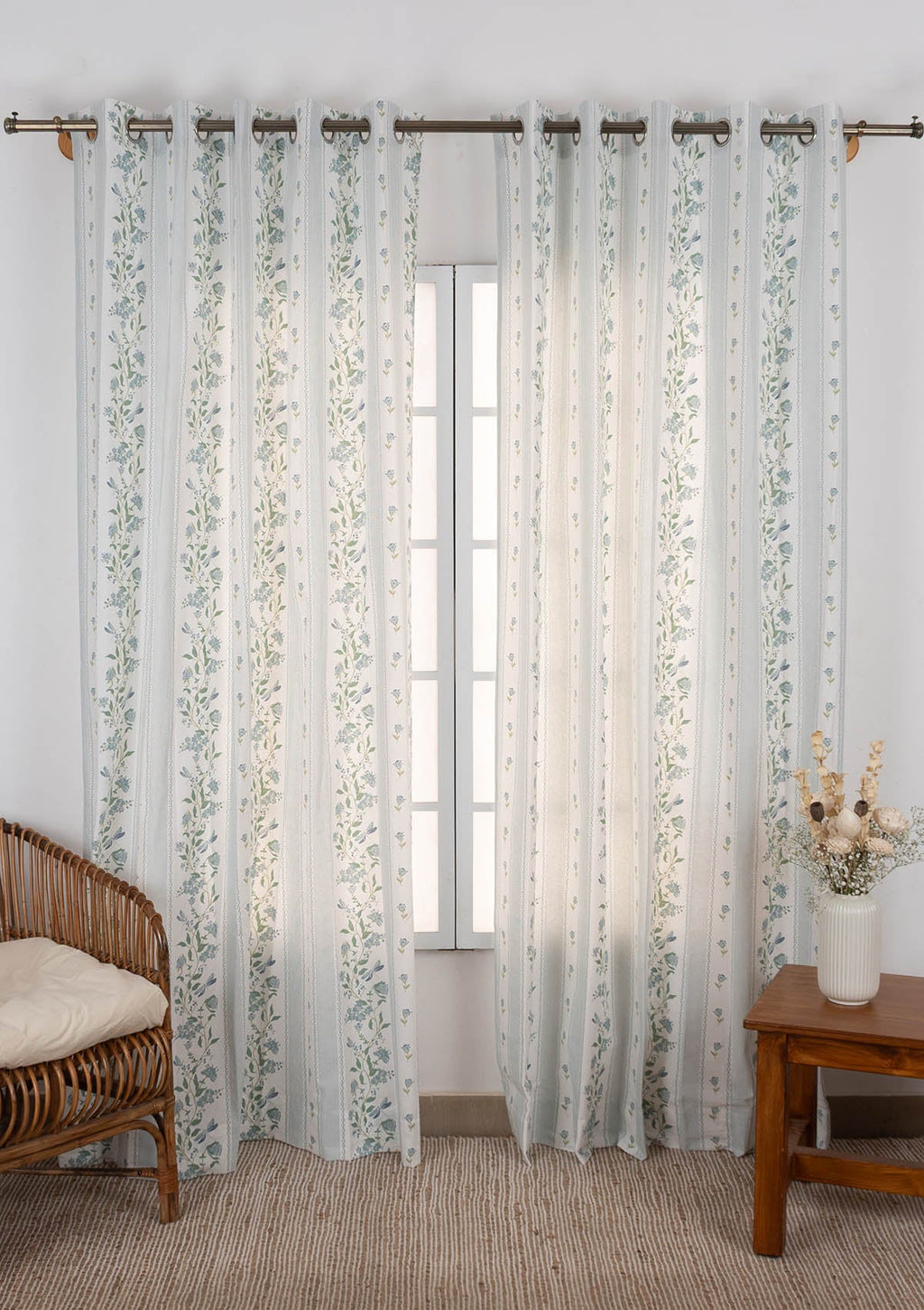 Flutter 100% cotton floral curtain for living room - Light Reduction - Nile Blue - Single Piece