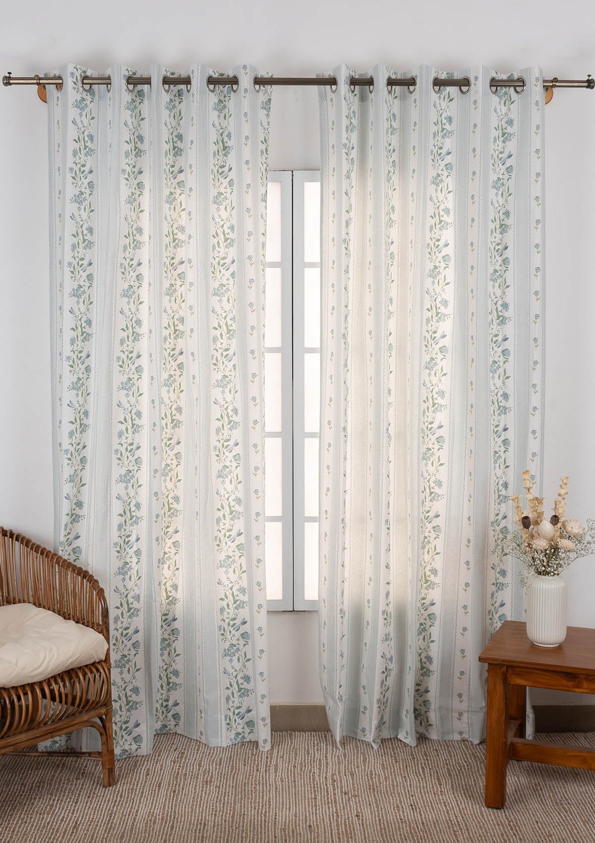 Flutter 100% cotton floral curtain for living room - Light Reduction - Nile Blue - Single Piece