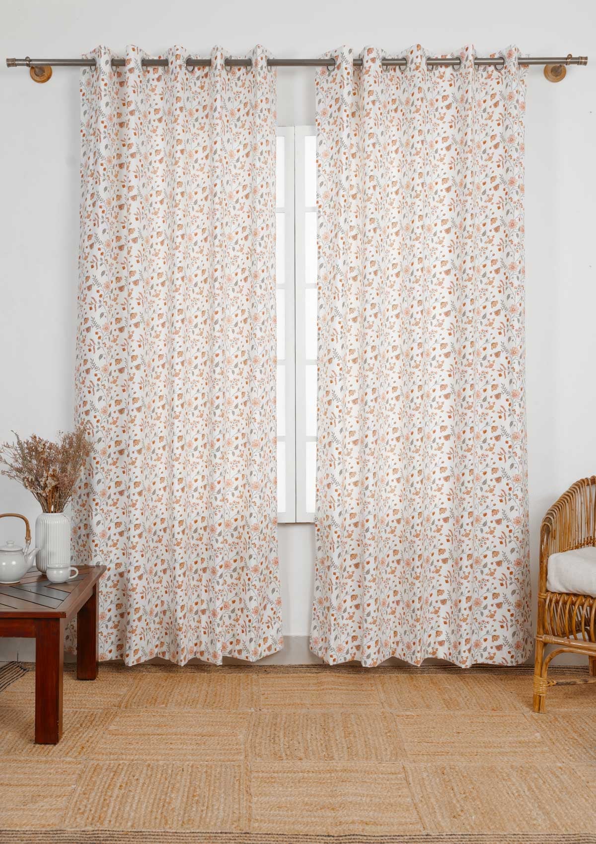 Forest bloom floral prints 100% cotton curtain for living room - Room darkening - Orange - Single Panel