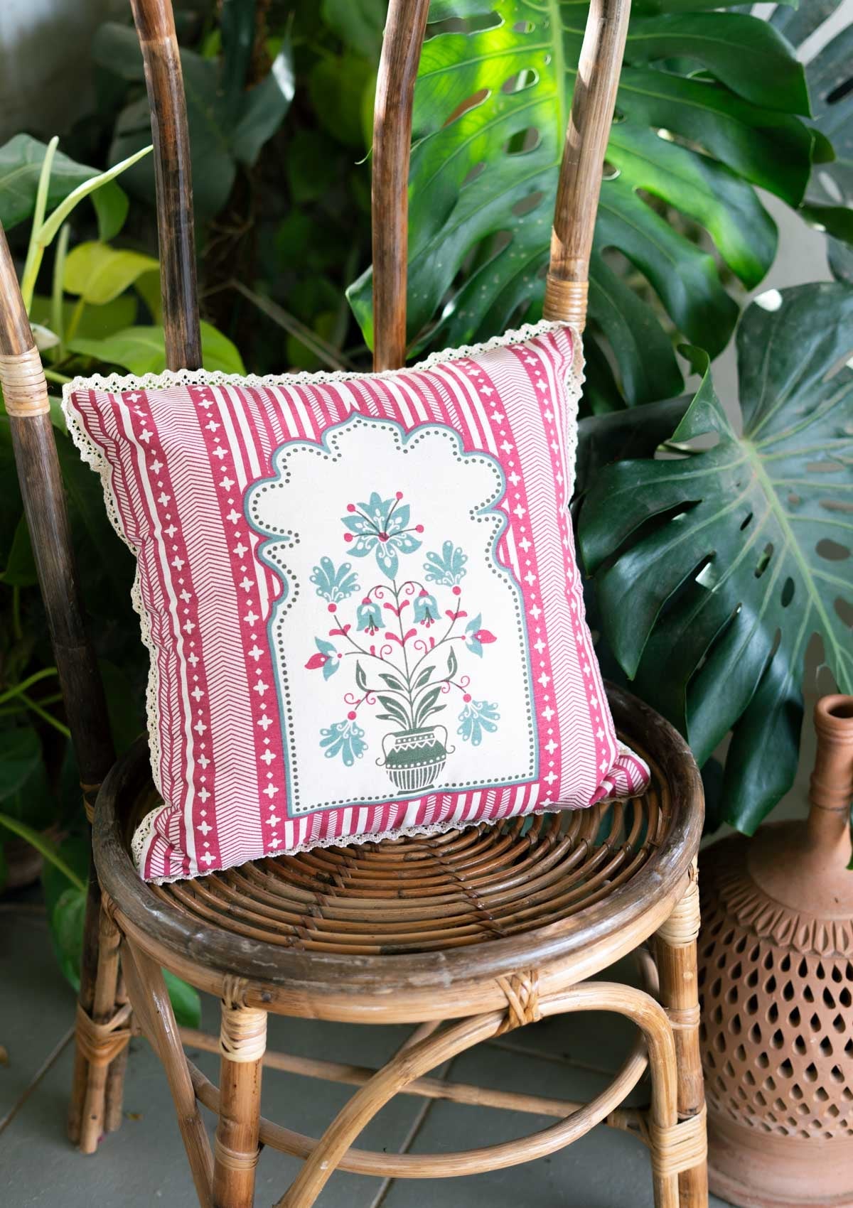 Jharoka Floral Ethnic 100% Cotton Cushion Cover for Sofa - Rose Pink