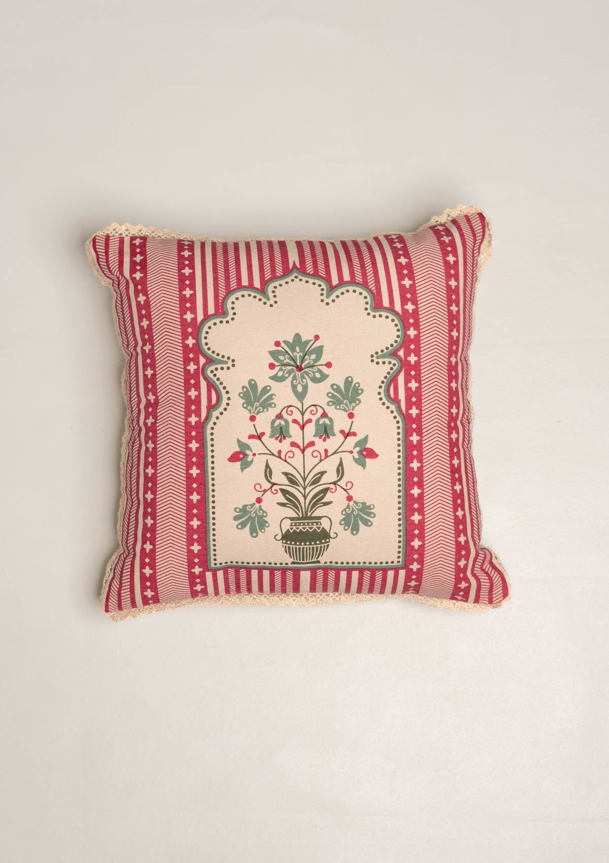 Jharoka Floral Ethnic 100% Cotton Cushion Cover for Sofa - Rose Pink