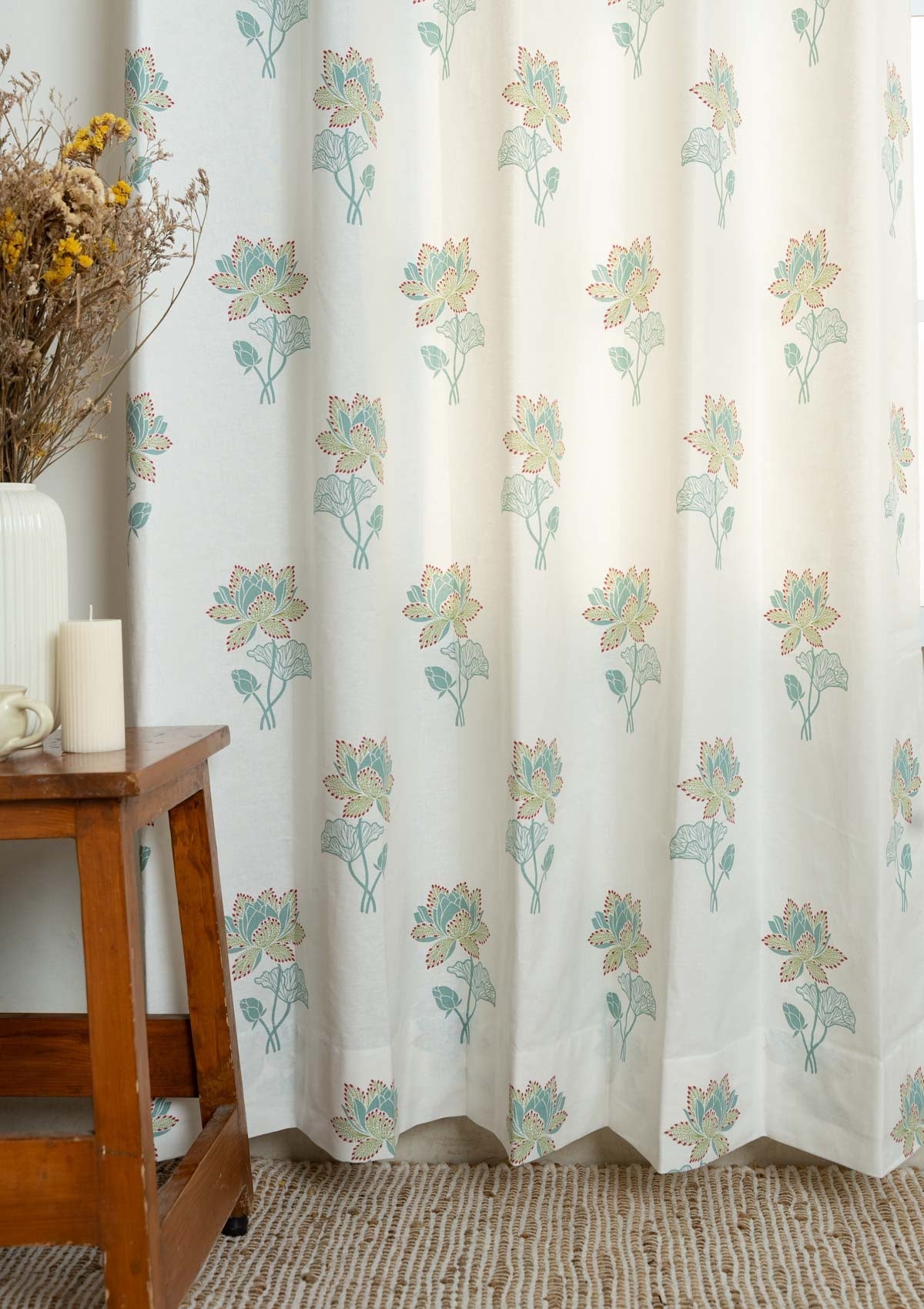 Kamala Floral Printed 100% Cotton Curtain for Living Room and Bedroom - Nile blue and Leaf Green - Single panel