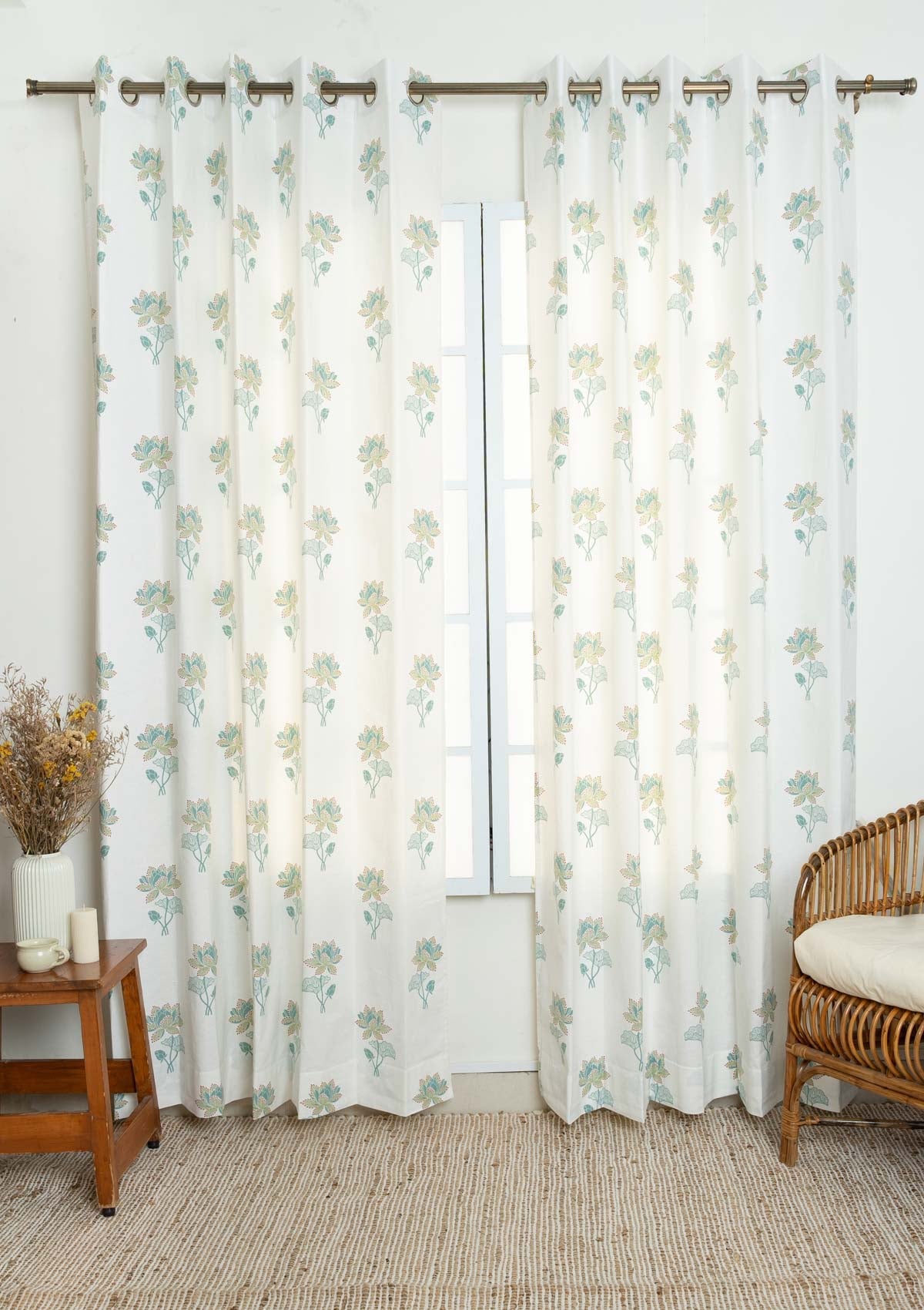 Kamala Floral Printed 100% Cotton Curtain for Living Room and Bedroom - Nile blue and Leaf Green - Single panel