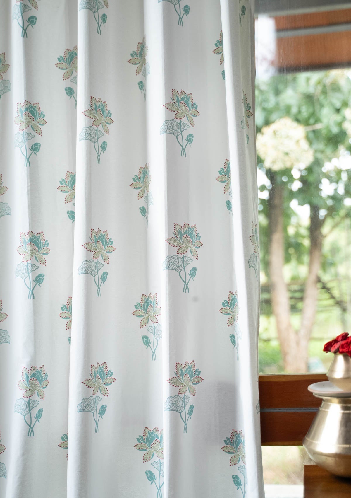 Kamala Floral Printed 100% Cotton Curtain for Living Room and Bedroom - Nile blue and Leaf Green - Single panel