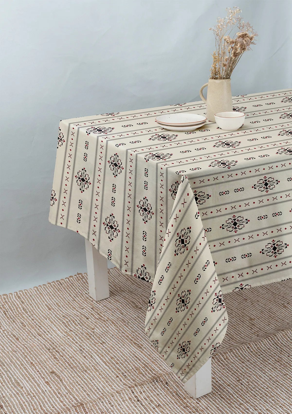 Gypsy geometric prints 100% cotton table cloth for 4 seater, 6 seater, 8 seater for dining table - Black