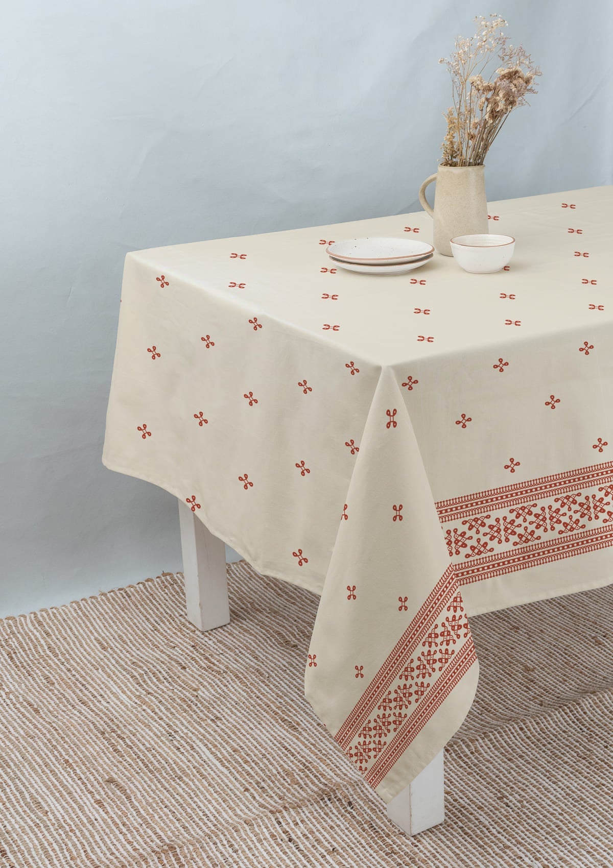 Kolam minimal Printed 100% Cotton Table cloth for 4 seater, 6 seater and 8 seater dining - Brick red