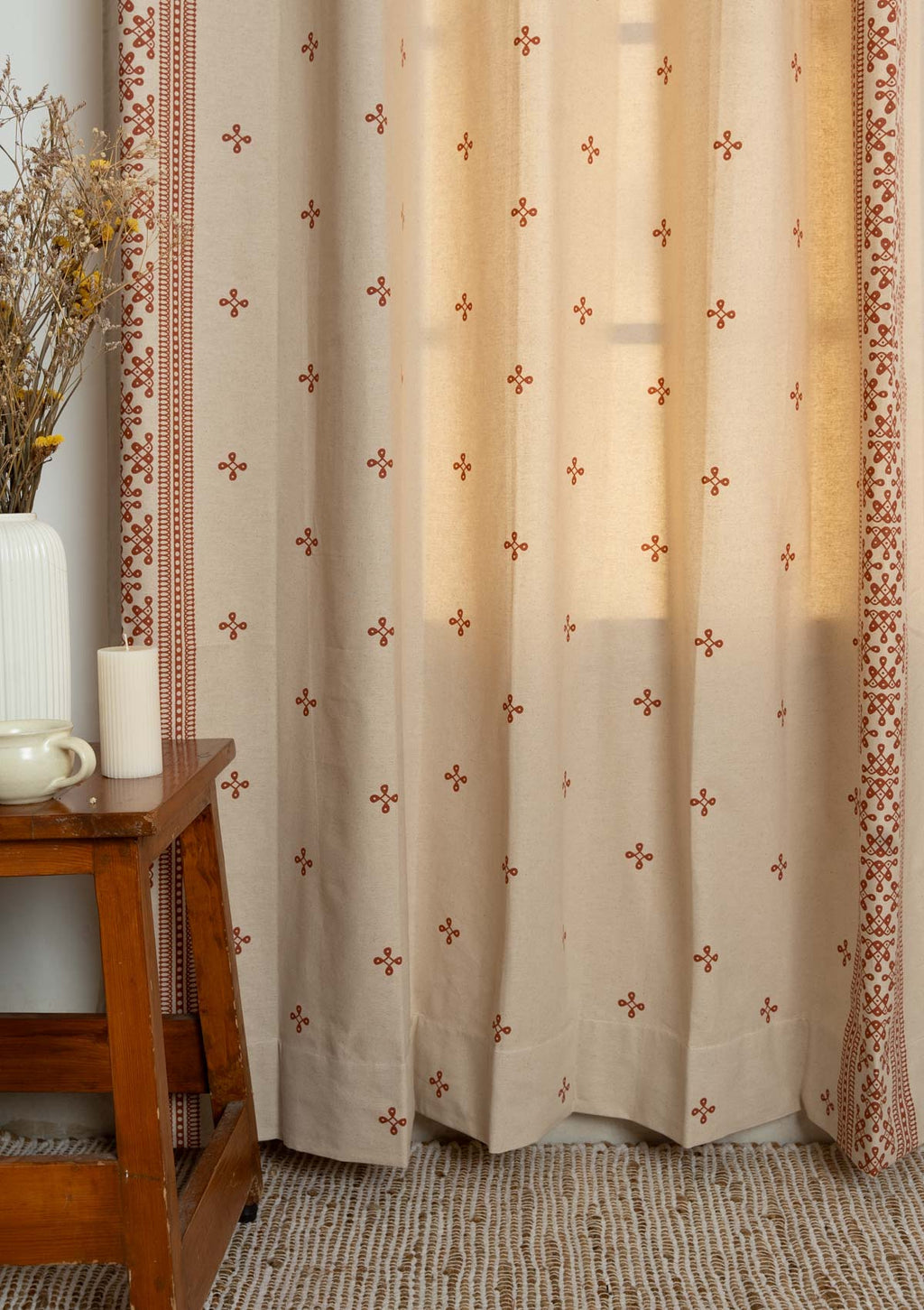 Kolam minimal Printed 100% Cotton Curtain for Living Room and Bedroom - Brick red