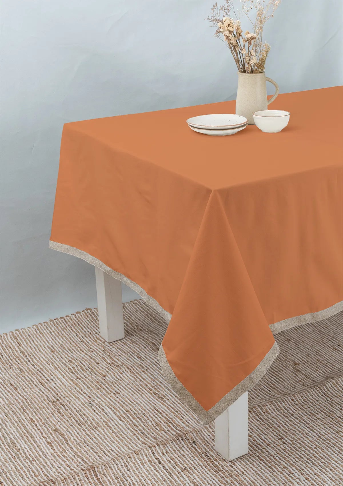 Solid colors with lace border 100% cotton table cloth for 4 seater, 6 seater, 8 seater dining table