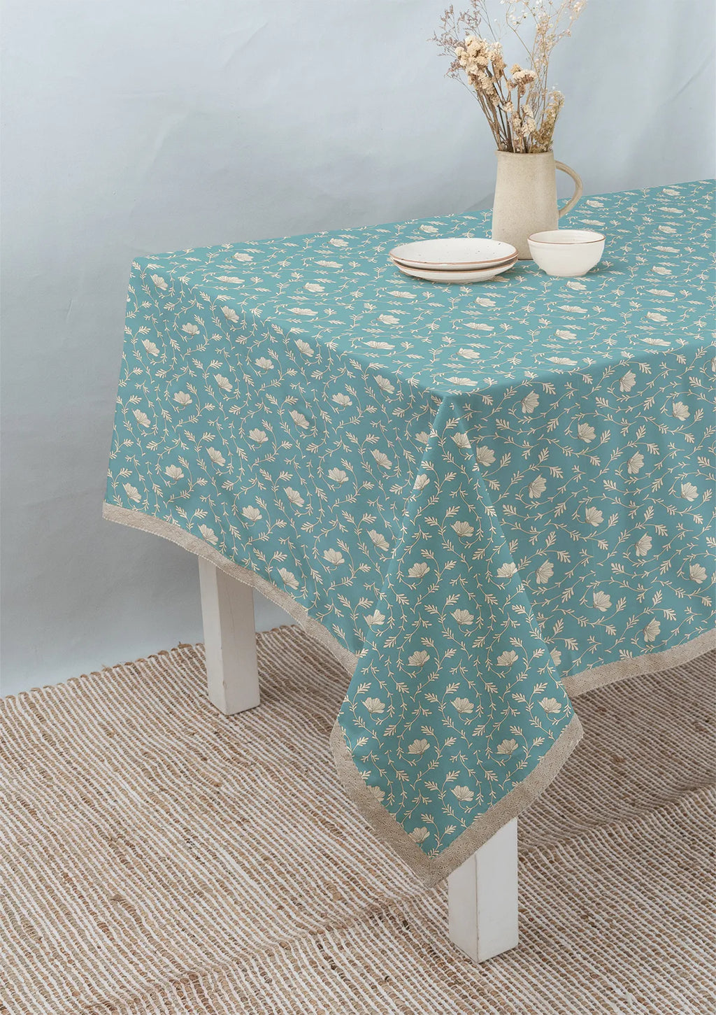 Eden floral prints with lace 100% cotton table cloth for 4 seater, 6 seater, 8 setaer for dining table - Aqua Blue, Mustard
