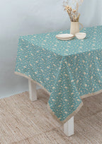 Eden floral prints with lace 100% cotton table cloth for 4 seater, 6 seater, 8 setaer for dining table - Aqua Blue, Mustard