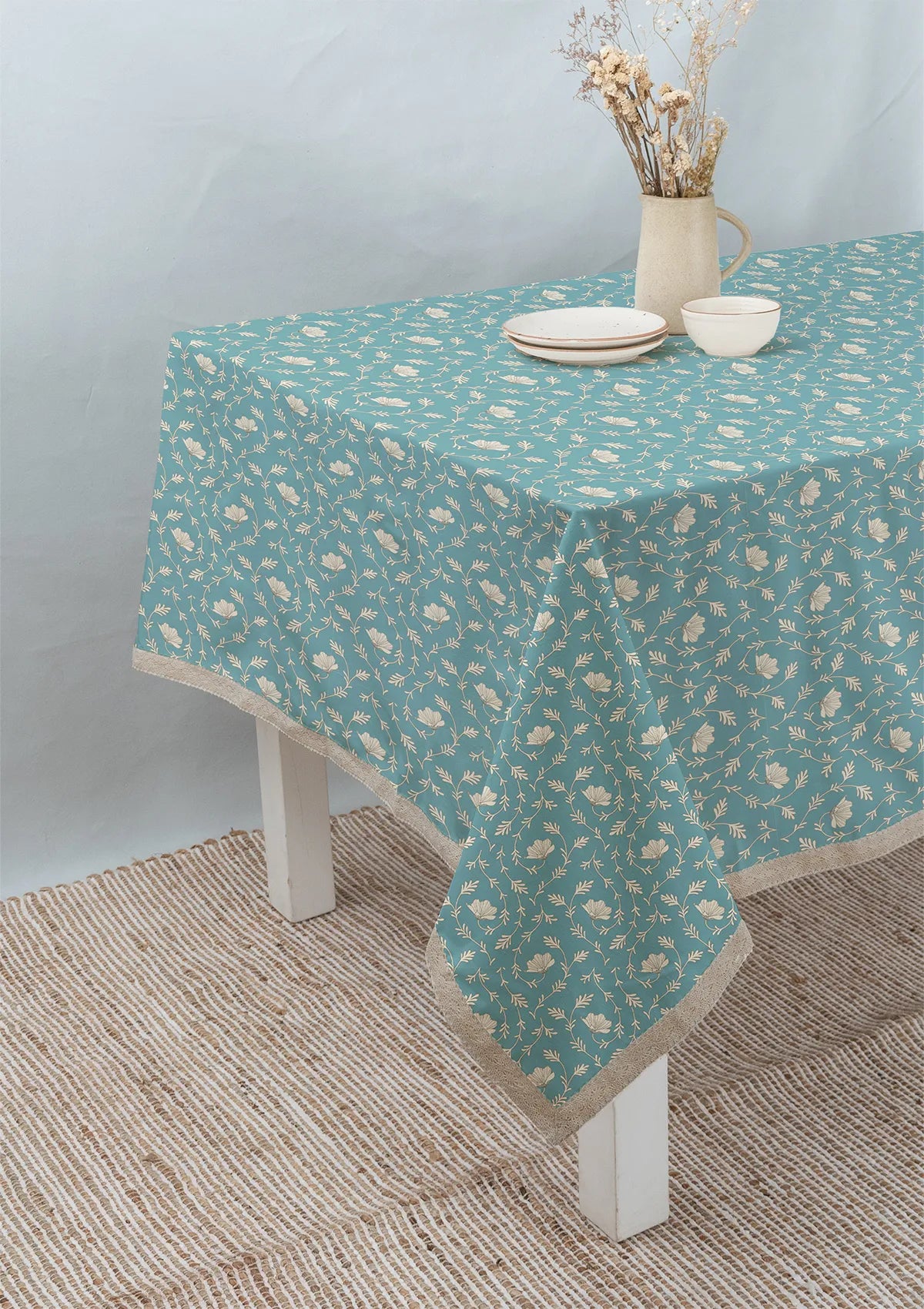 Eden floral prints with lace 100% cotton table cloth for 4 seater, 6 seater, 8 setaer for dining table - Aqua Blue, Mustard
