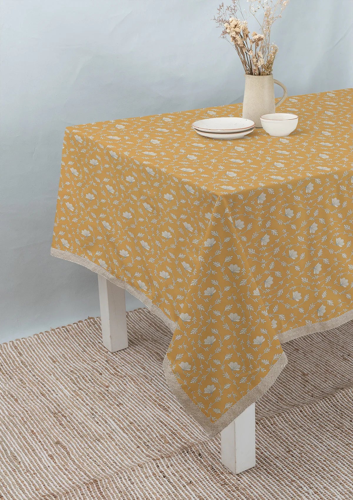 Eden floral prints with lace 100% cotton table cloth for 4 seater, 6 seater, 8 setaer for dining table - Aqua Blue, Mustard