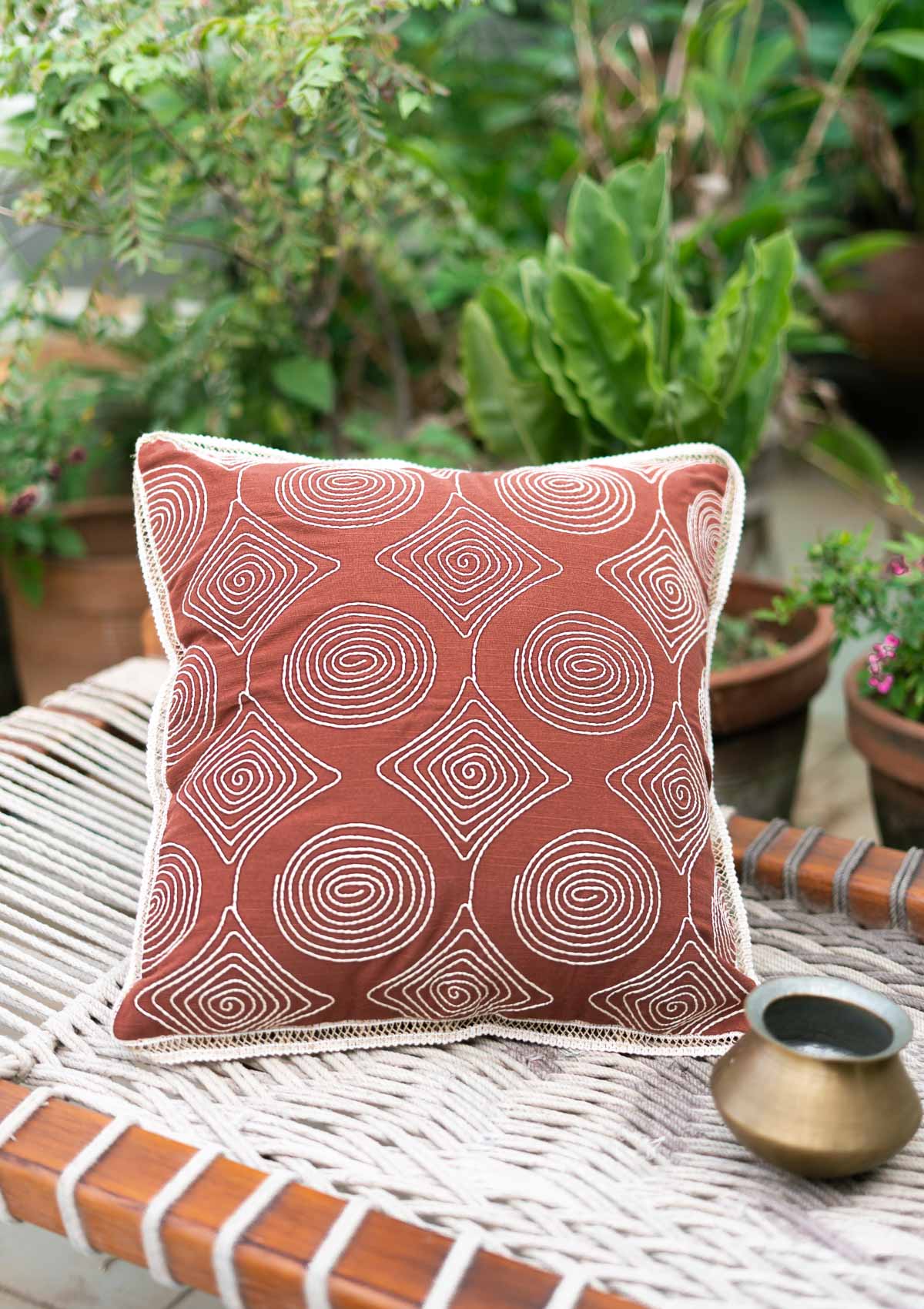 Maya Geometric Embroidered Decorative 100% Cotton Cushion Cover for Sofa - Brick Red