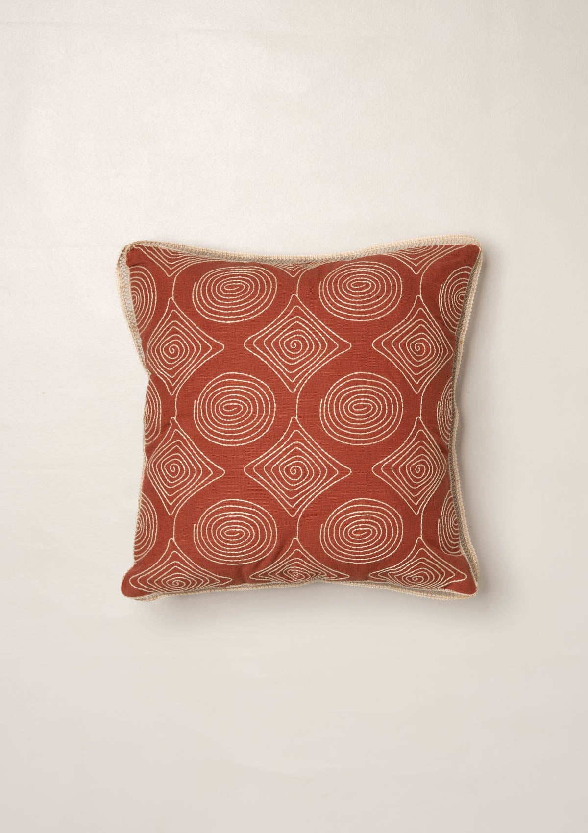 Maya Geometric Embroidered Decorative 100% Cotton Cushion Cover for Sofa - Brick Red