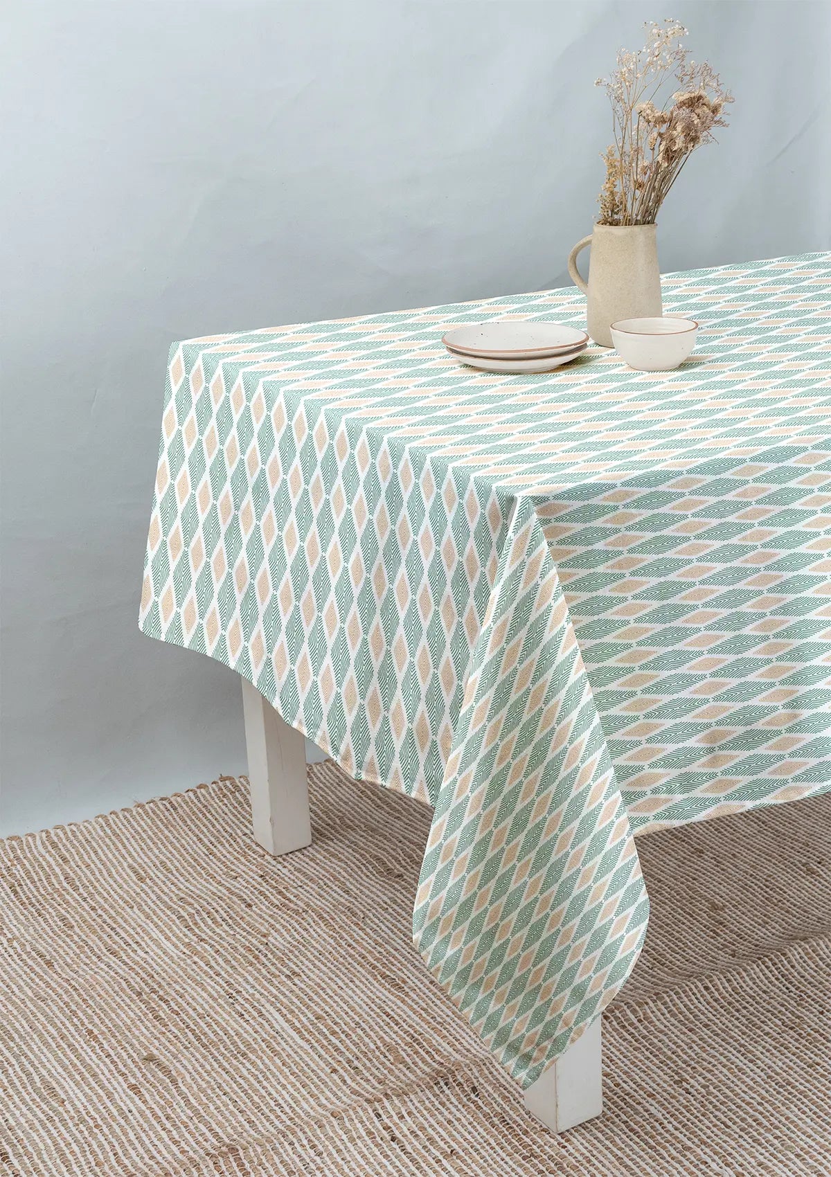 Maze 100% cotton geomtric table cloth for 4 seater or 6 seater dining - Sage green